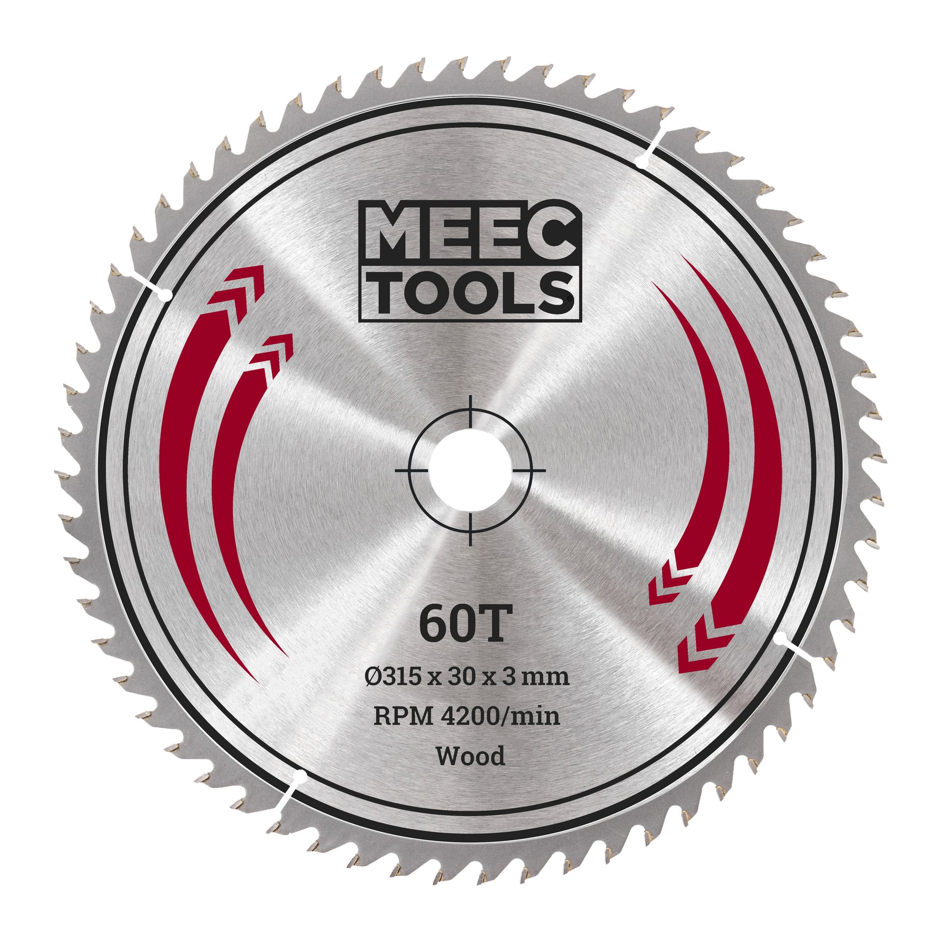 Detta är ett silverfärgat Meec Tools träsågblad med 60 tänder, med måtten 315 x 30 x 3 mm och kapabel att arbeta upp till 4200 varv per minut. Bladet har röda markeringar och ett centralt hål för montering.
