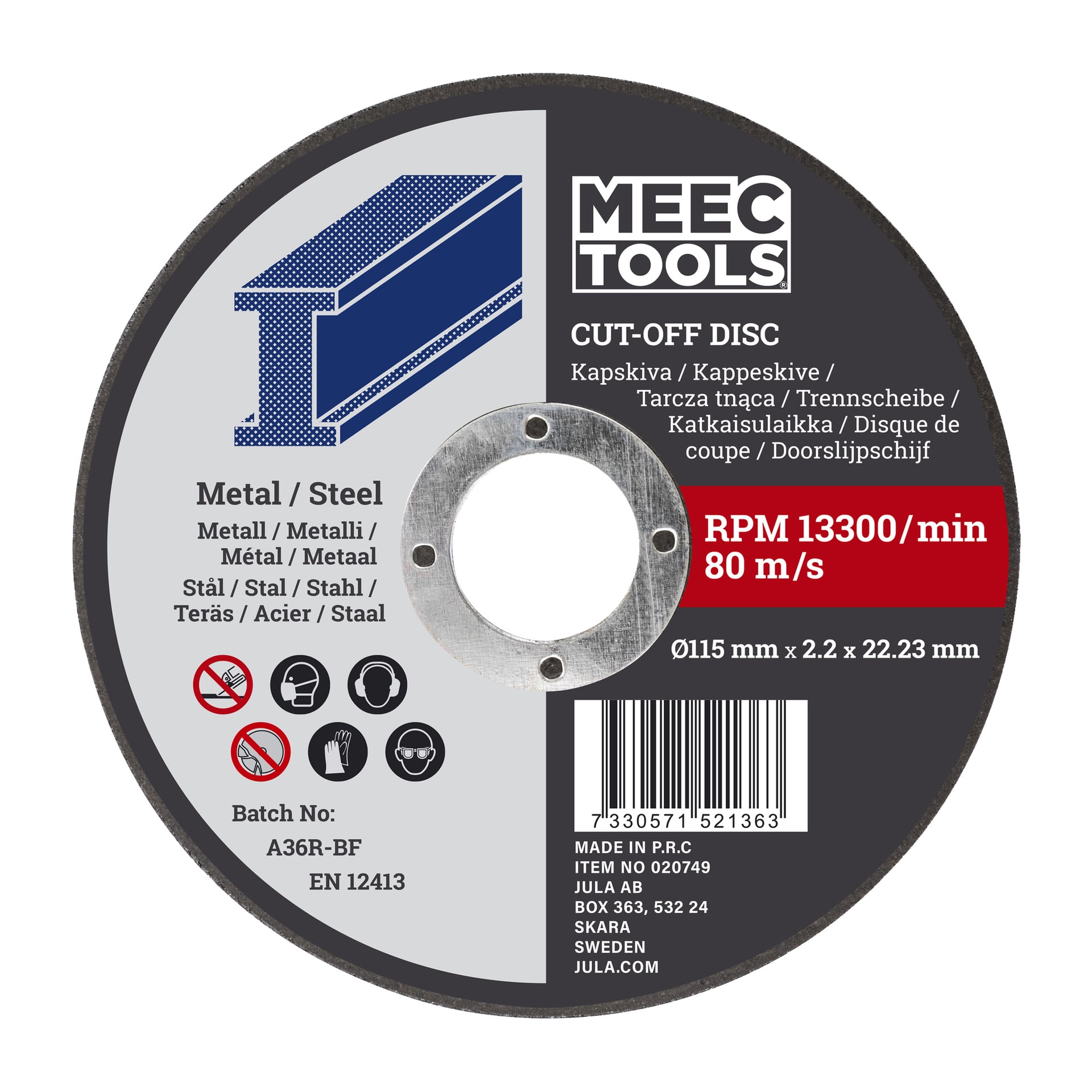 En Meec Tools Cutting Disc avsedd för användning på metall och stål, med en diameter på 115 mm, en maxhastighet på 13 300 varv/min och 80 m/s tryckt på etiketten. Säkerhetssymboler och tillverkarens information finns också på etiketten.