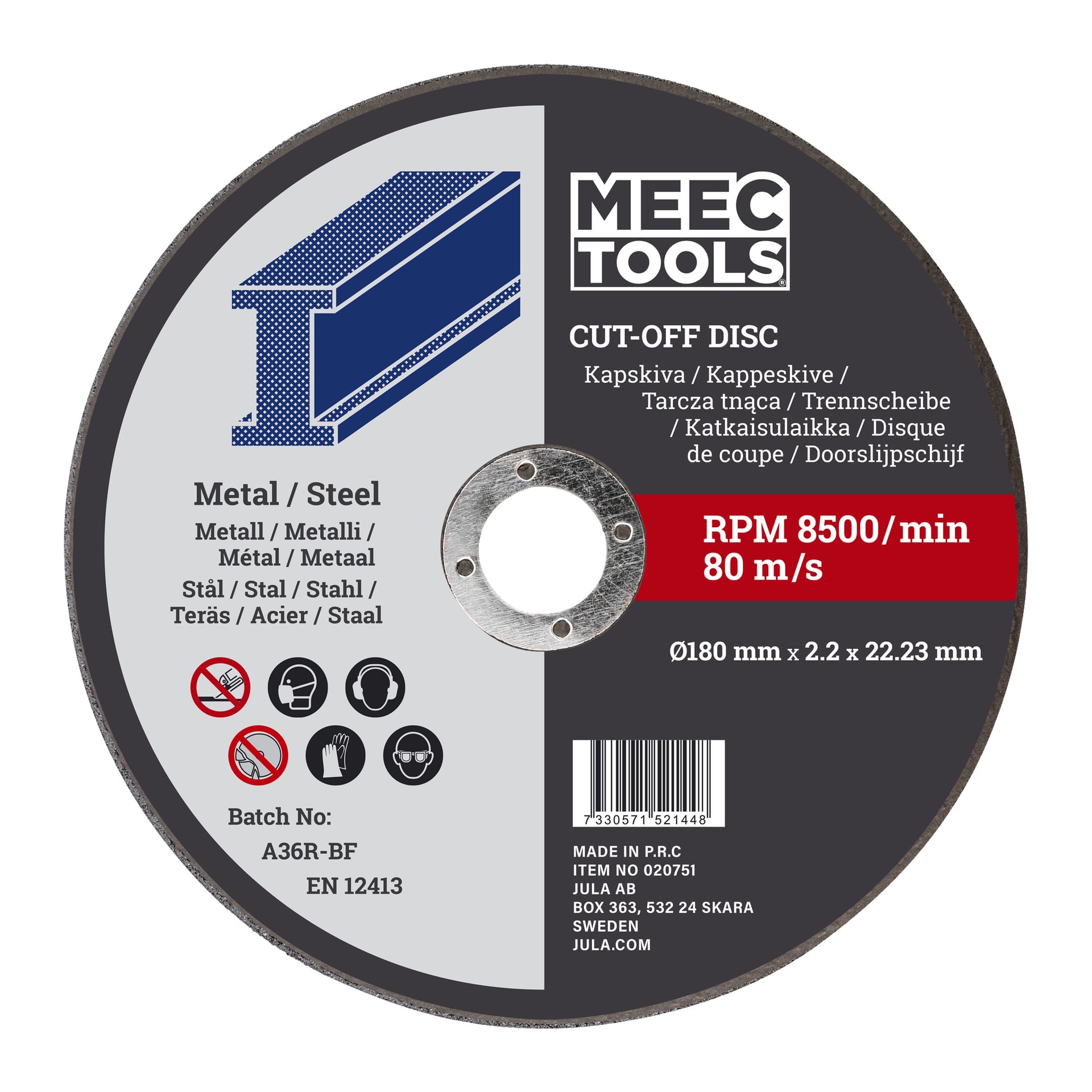 En Meec Tools skärskiva designad för metall eller stål, med måtten 180 mm x 2,2 mm x 22,23 mm, med en topphastighet på 8500 varv/minut (80 m/s). Etiketten visar säkerhetssymboler och omfattande produktdetaljer.