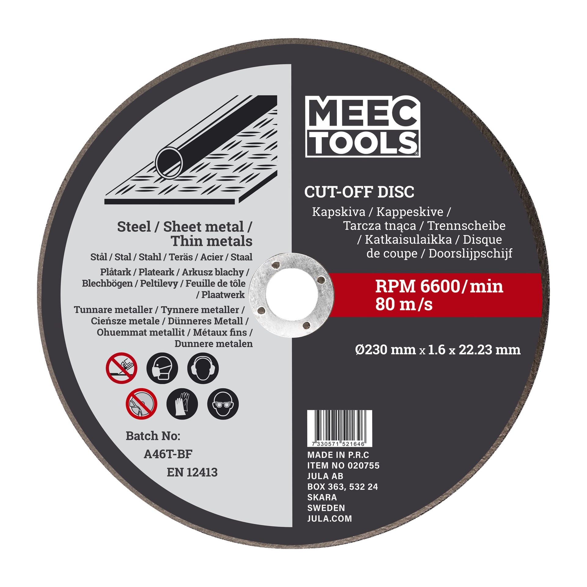 En Meec Tools skärskiva för användning på stål och plåt, med en diameter på 230 mm och en tjocklek på 1,6 mm, med en topphastighet på 6600 varv per minut (80 m/s). Skivan har synliga etiketter och säkerhetssymboler.