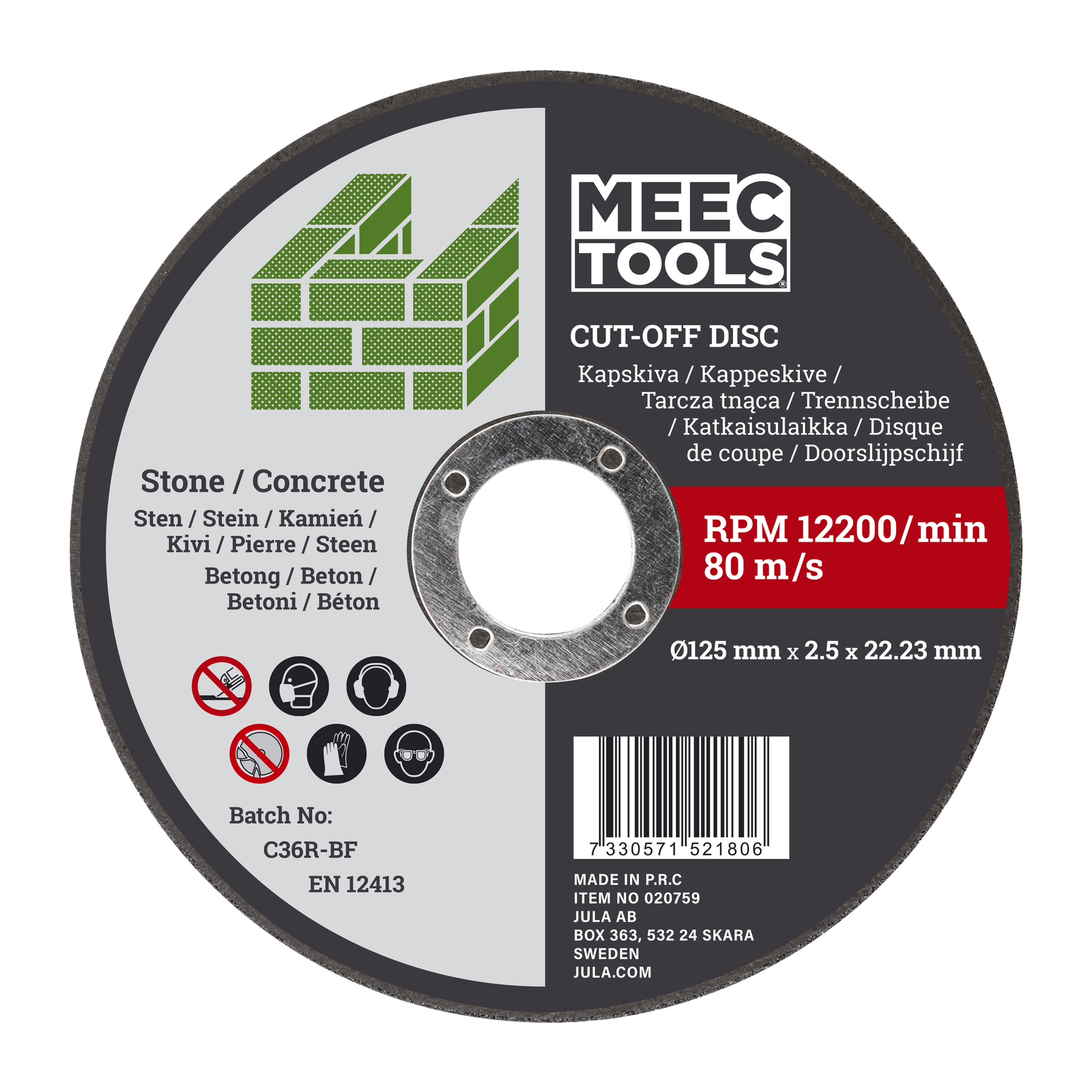 Dysk tnący Meec Tools zaprojektowany do kamienia i betonu, o wymiarach 125 mm na 2,5 mm na 22,23 mm, prędkość maksymalna 12 200 obr./min (80 m/s), symbole bezpieczeństwa oraz informacje o produkcie i oznaczenia certyfikacyjne.