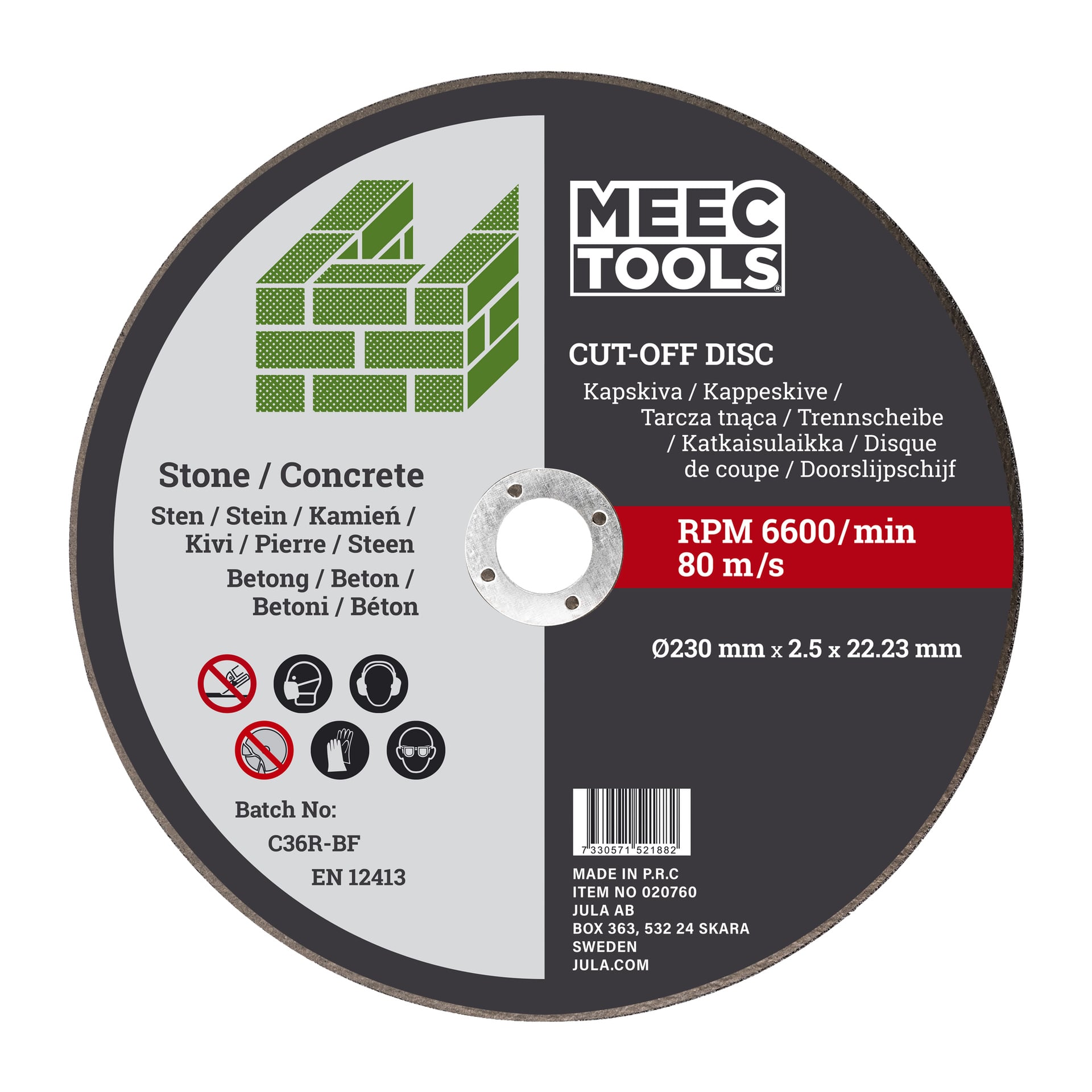 En Meec Tools skärskiva för sten och betong, cirkulär med en diameter på 230 mm och måtten 2,5 x 22,23 mm, klassad för upp till 6600 varv/minut (80 m/s), med säkerhetsikoner och produktinformation.