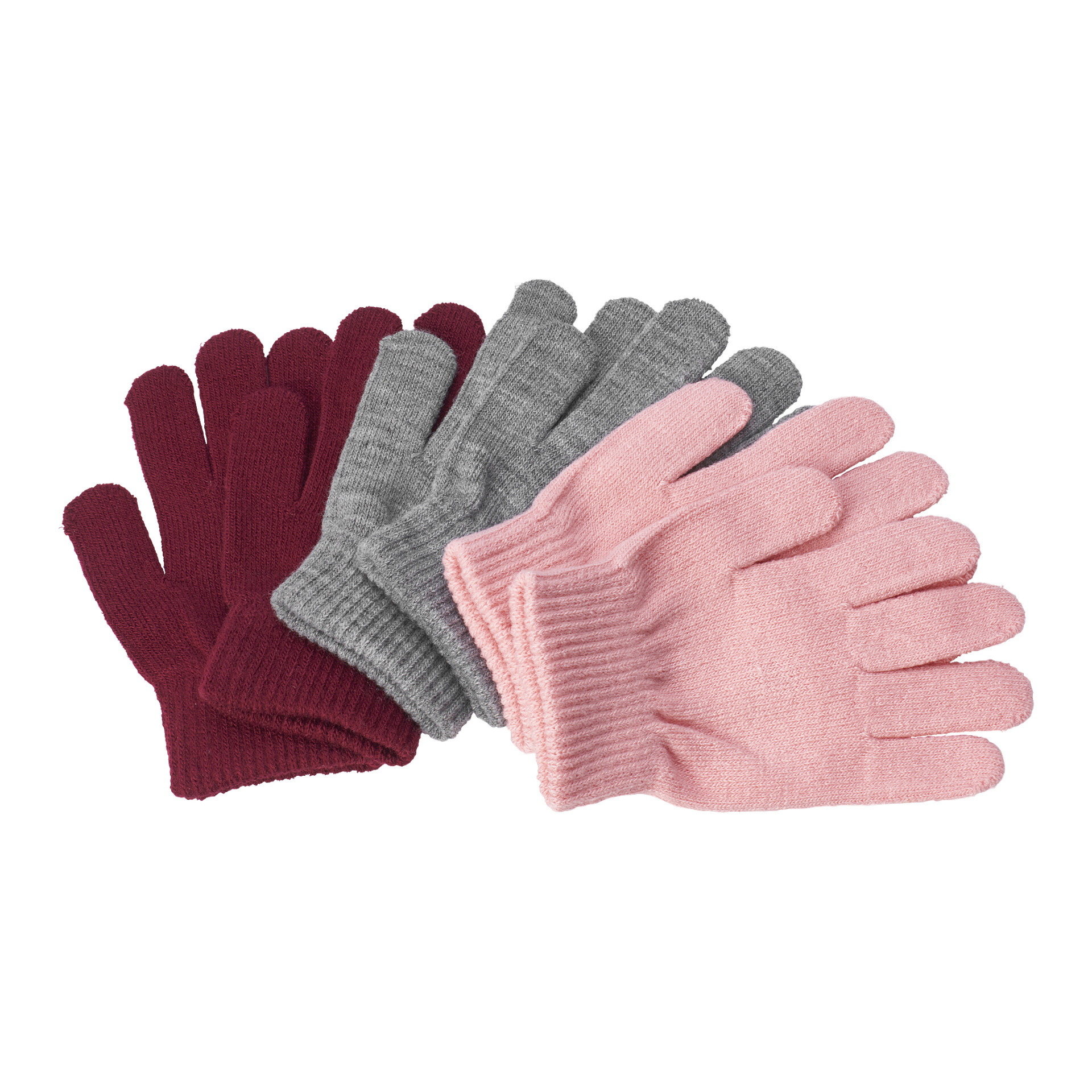 Drei Sets Kayoba Outdoor Fünf-Finger-Handschuhe sind paarweise platziert – ein rot, ein grau und ein pinker – nebeneinander. Auf der Verpackung steht: 3er-Pack.