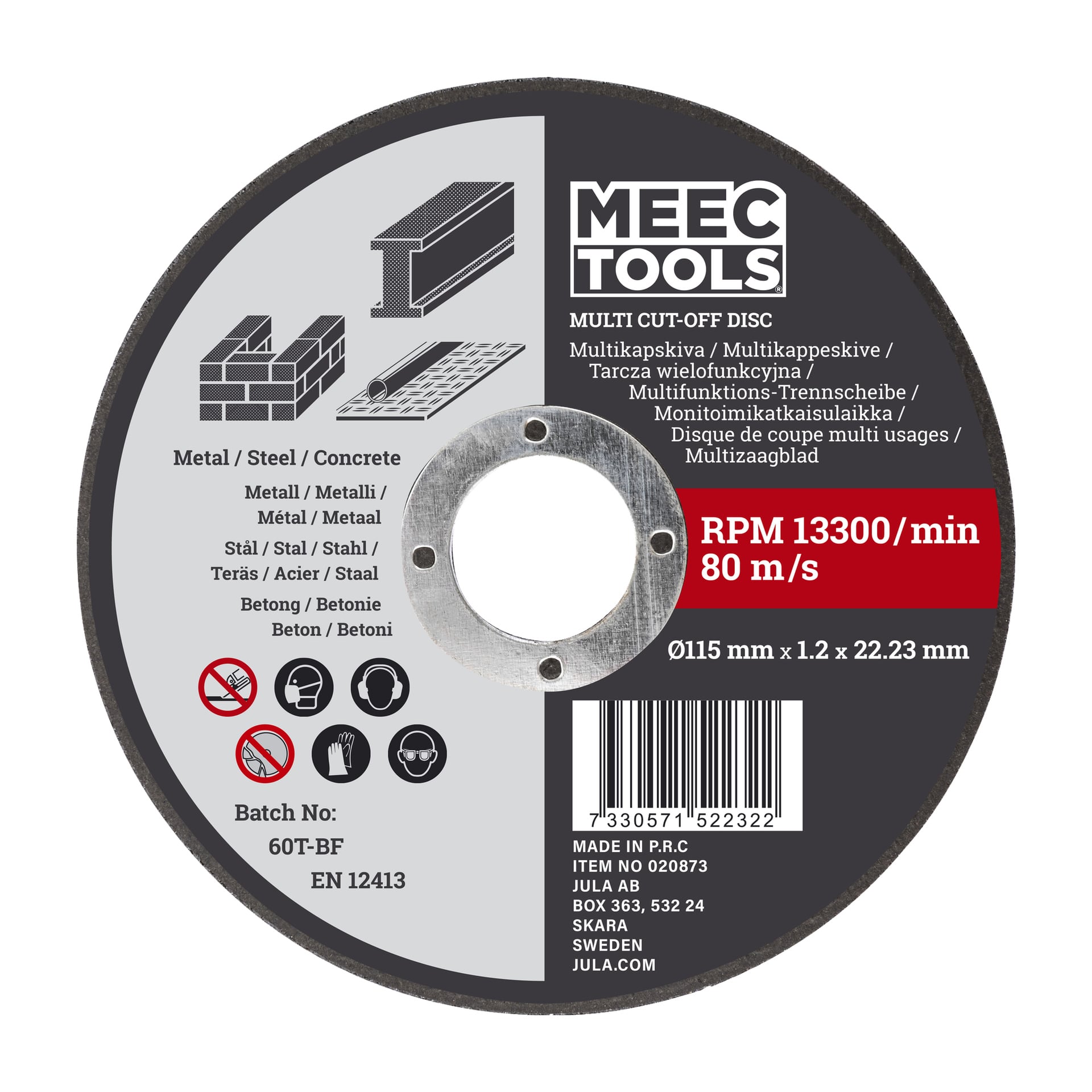 En Meec Tools Multi-cut skiva med svart och silverfärgat färgschema, designad för att skära material som metall, stål och betong. Skivan är märkt med specifikationer som inkluderar 13300 varv/minut, en hastighetsklassning på 80 m/s, en diameter på 115 mm och en tjocklek på 1,2 mm. Olika säkerhetsikoner visas på produktetiketten.