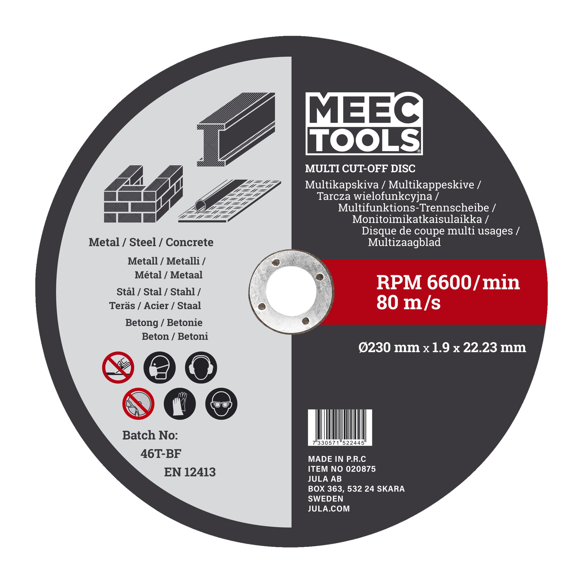 En Meec Tools Multi-cutting skiva designad för användning på metall, stål och betong visar en etikett som anger dess mått, rekommenderade material, maximala varv per minut, batchkod och producentuppgifter. Flera säkerhetsikoner omger skivans centrala öppning.