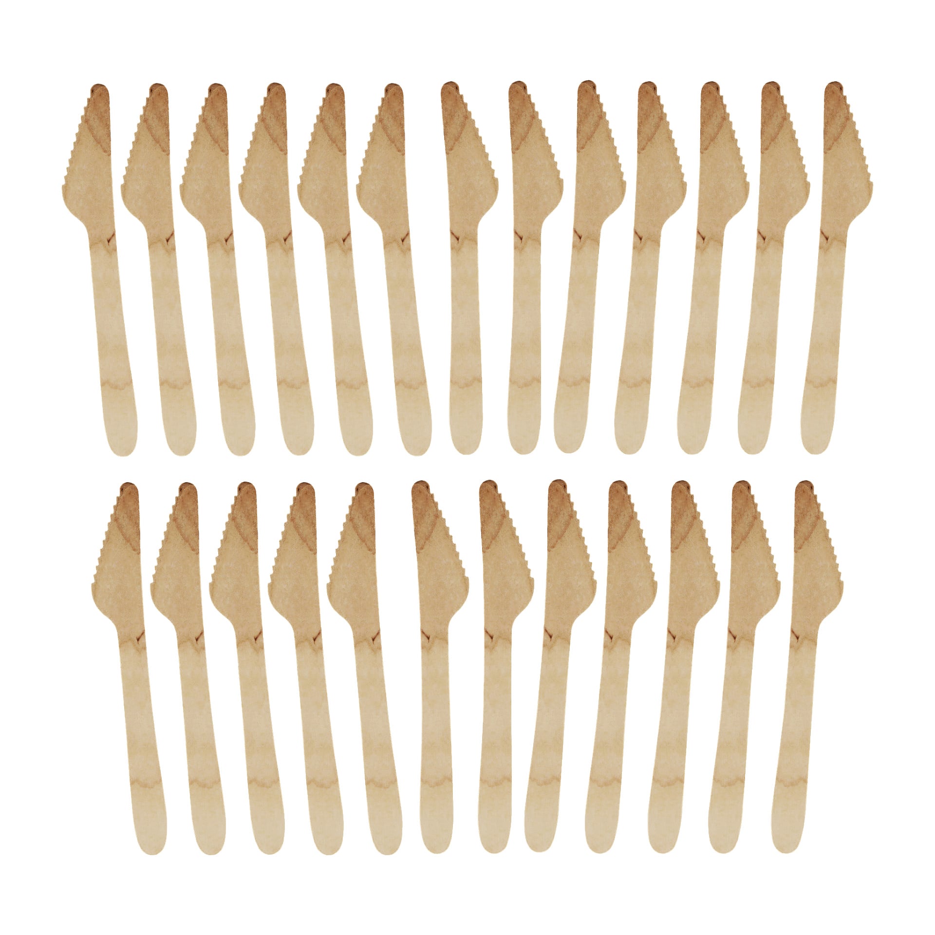 Tjugofyra Papstar-träknivar från ett 25-pack set är arrangerade i två prydliga rader om tolv, jämnt fördelade och alla med sågtandade eggar pekande uppåt.