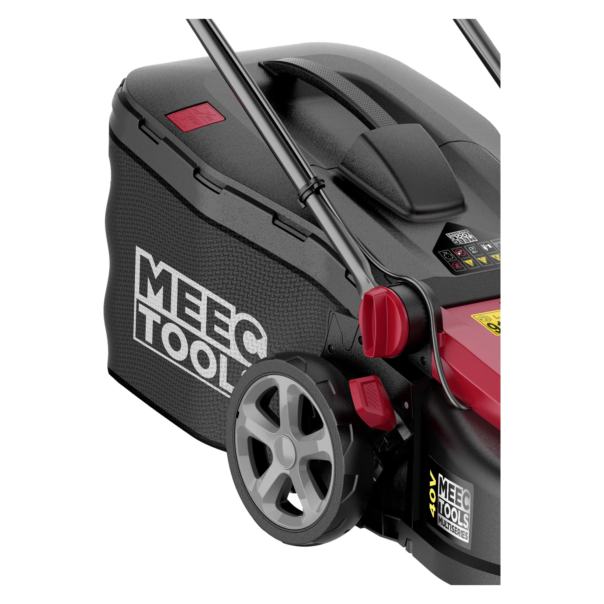 Närbild av en svart- och röd batteridriven gräsklippare med grå hjul. Sidan av den bifogade grässamlingslådan har texten Meec Tools Multiseries 40 V. Fotot markerar bak- och sidodelen av klipparen.