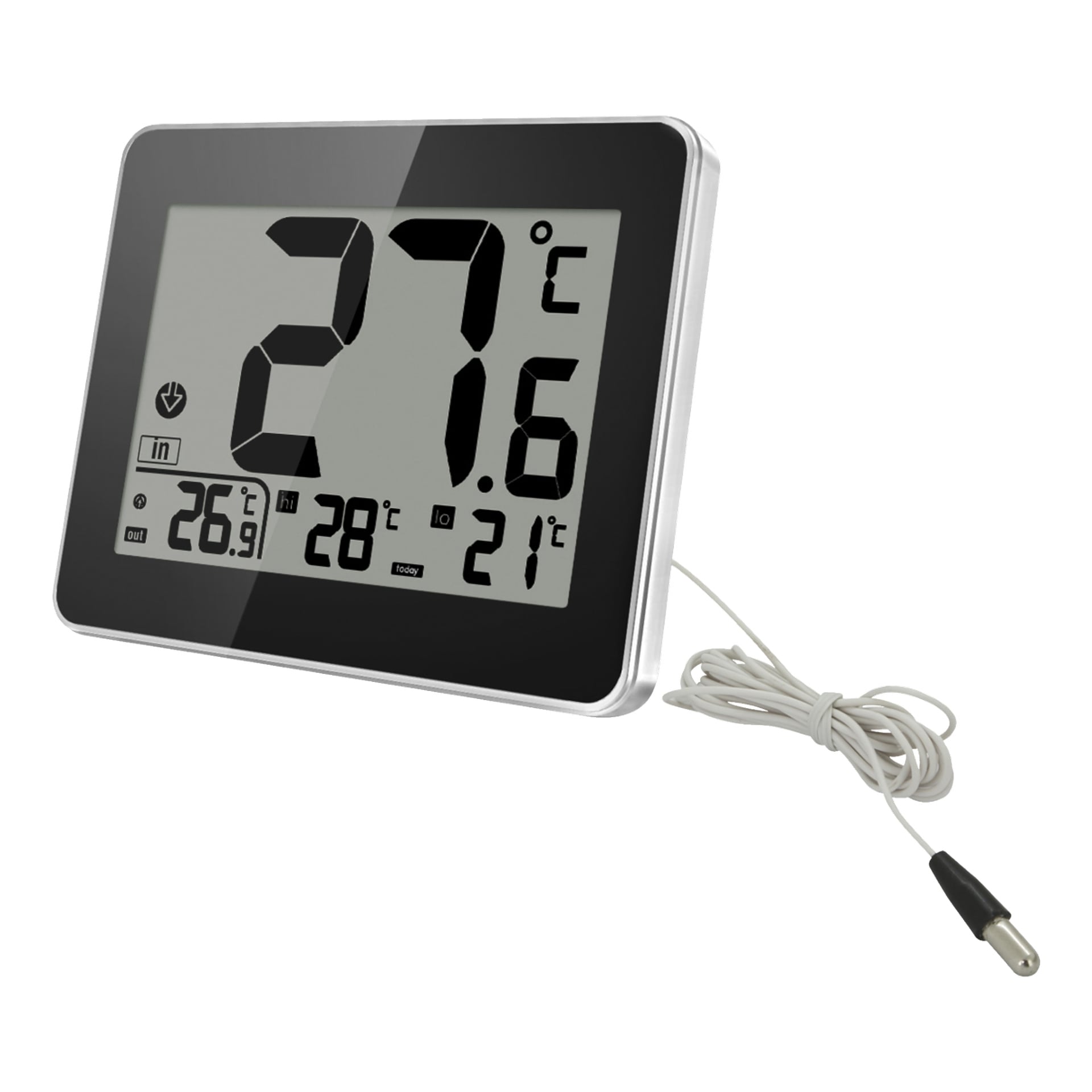 En digital termometer med en framträdande LCD-skärm visar 27°C som huvudmätning, tillsammans med flera mindre temperaturvärden. Enheten har en sladd som kopplas till en sond placerad nära, och displayen har även olika symboler och numeriska indikatorer.
