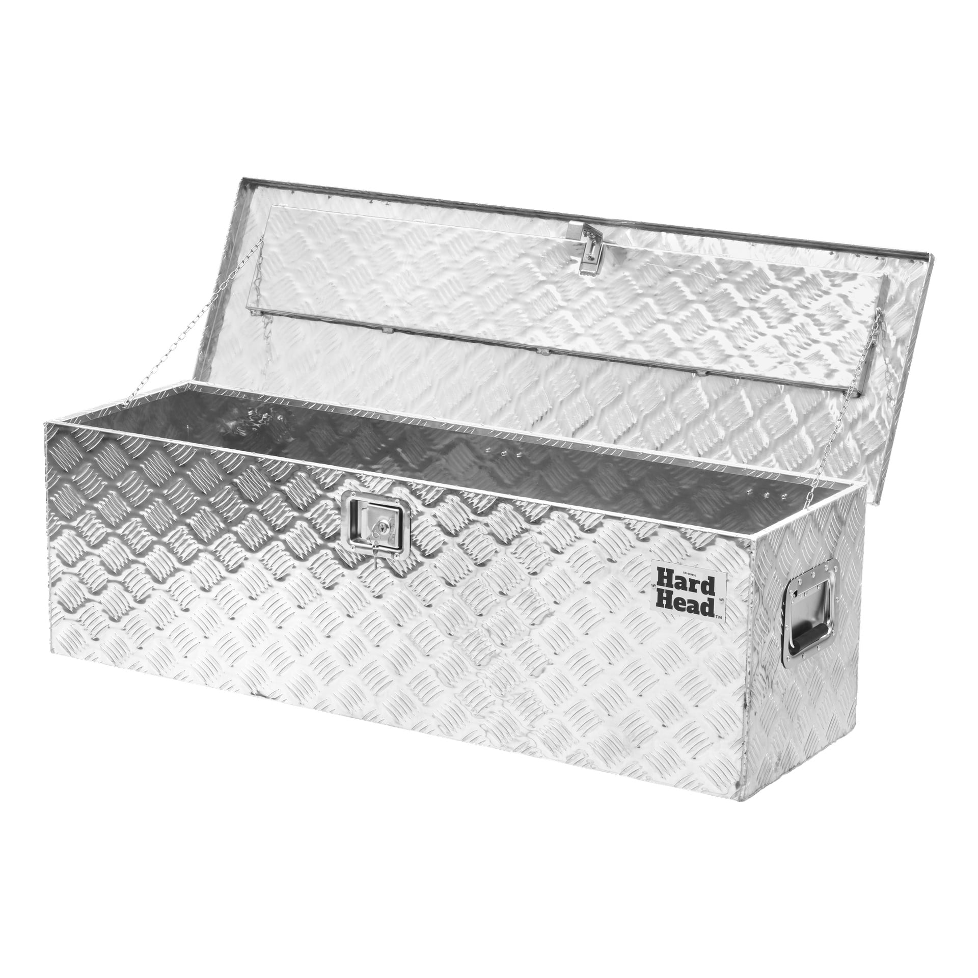 En aluminium Hard Head-låda i silver med diamantplatta, locket öppet. Den har handtag på sidorna, ett lås framtill och visar Hard Head-loggan på höger framsida.