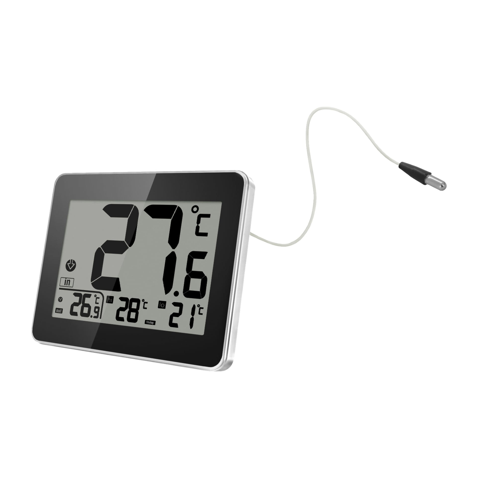 Bright Thermometer har en svart ram, en lättläst digital display och en ansluten trådbunden extern prob. Skärmen visar temperaturer på 27,6°C, 26,9°C, 28°C och 21°C.