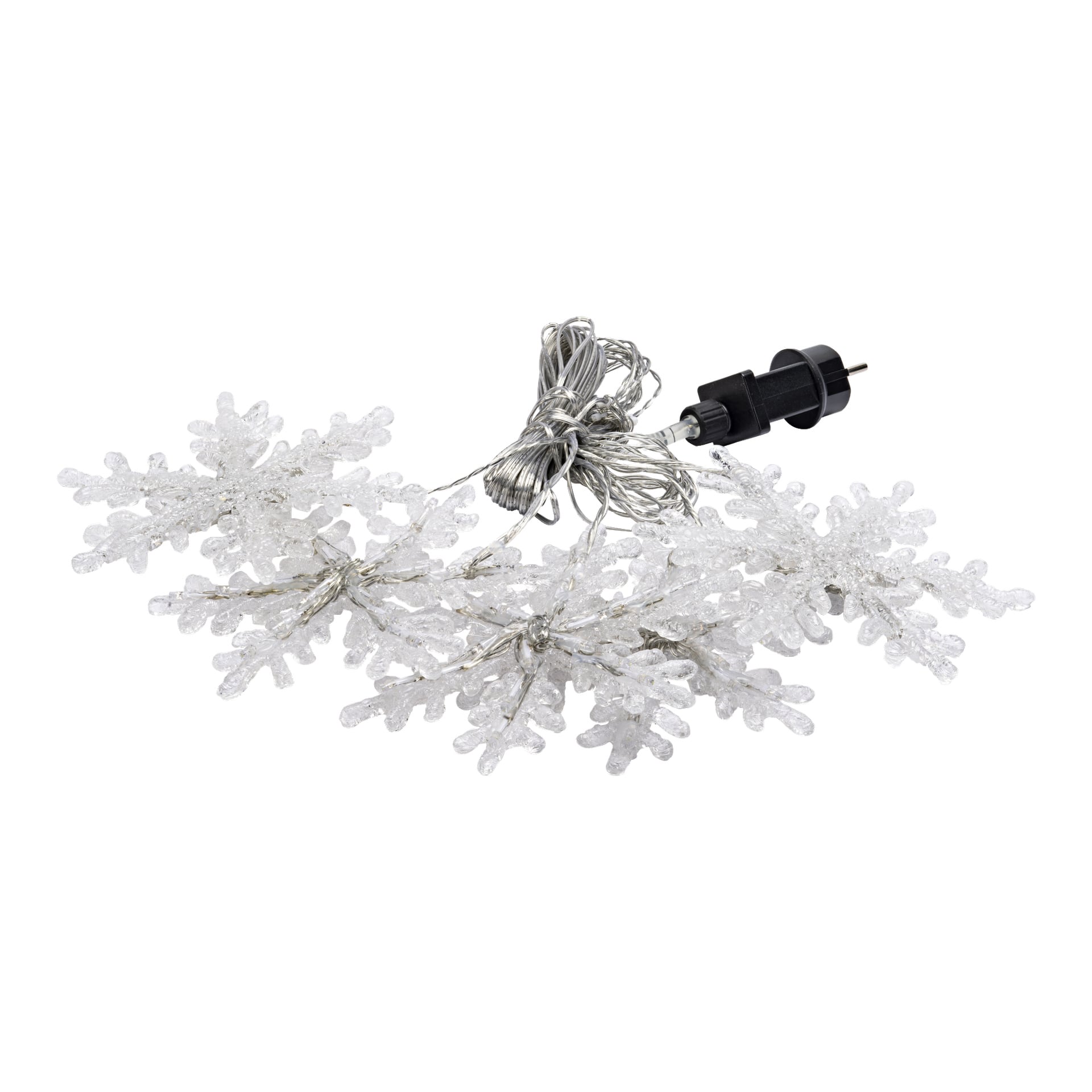 EKVIP LED-ljusslingor har klara snöflingemönster och ett svart eluttag.