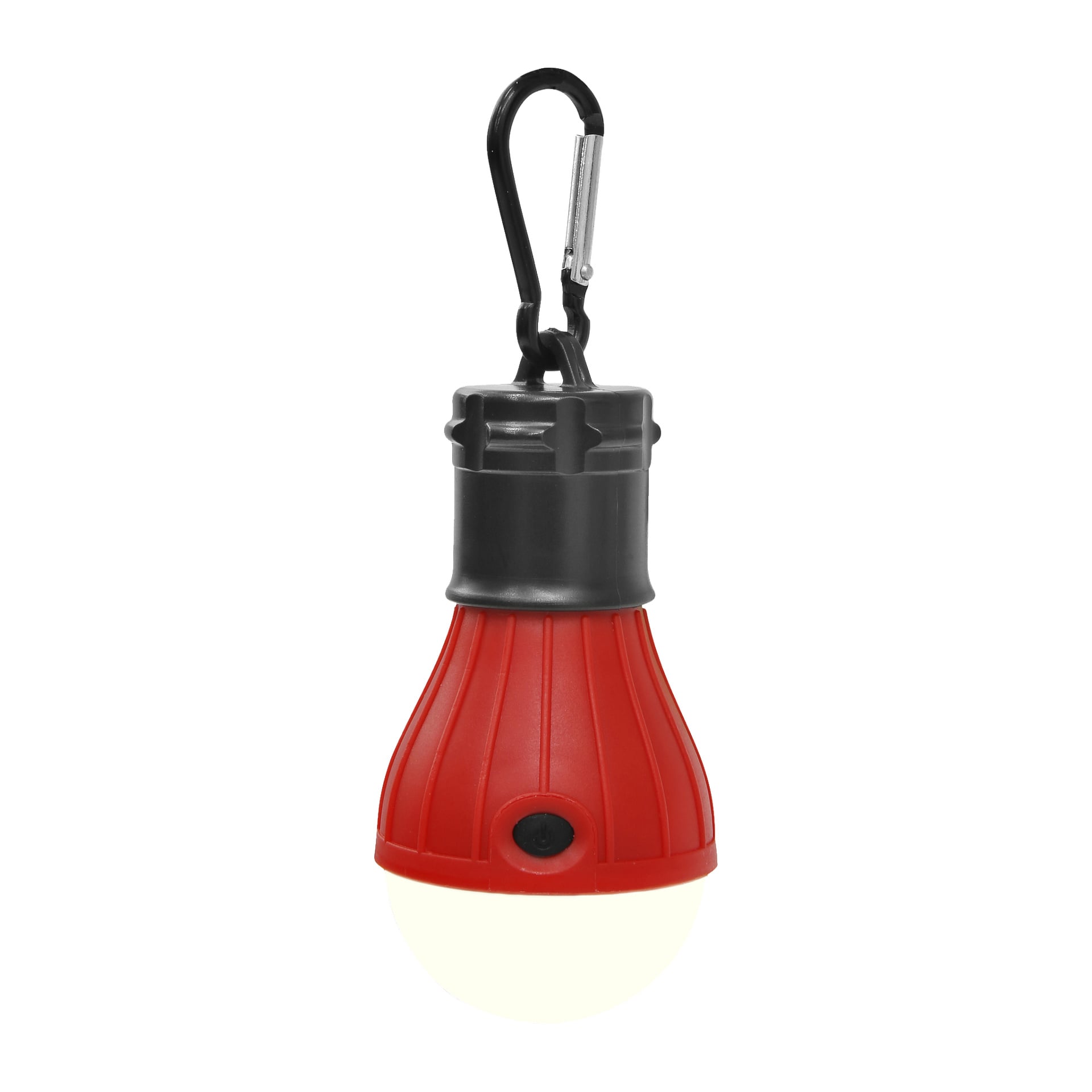 En Kayoba-tältlampa med röd och svart färgschema och vit bas, med en strömknapp framtill och en svart karbinhake upptill för bekväm upphängning eller transport.