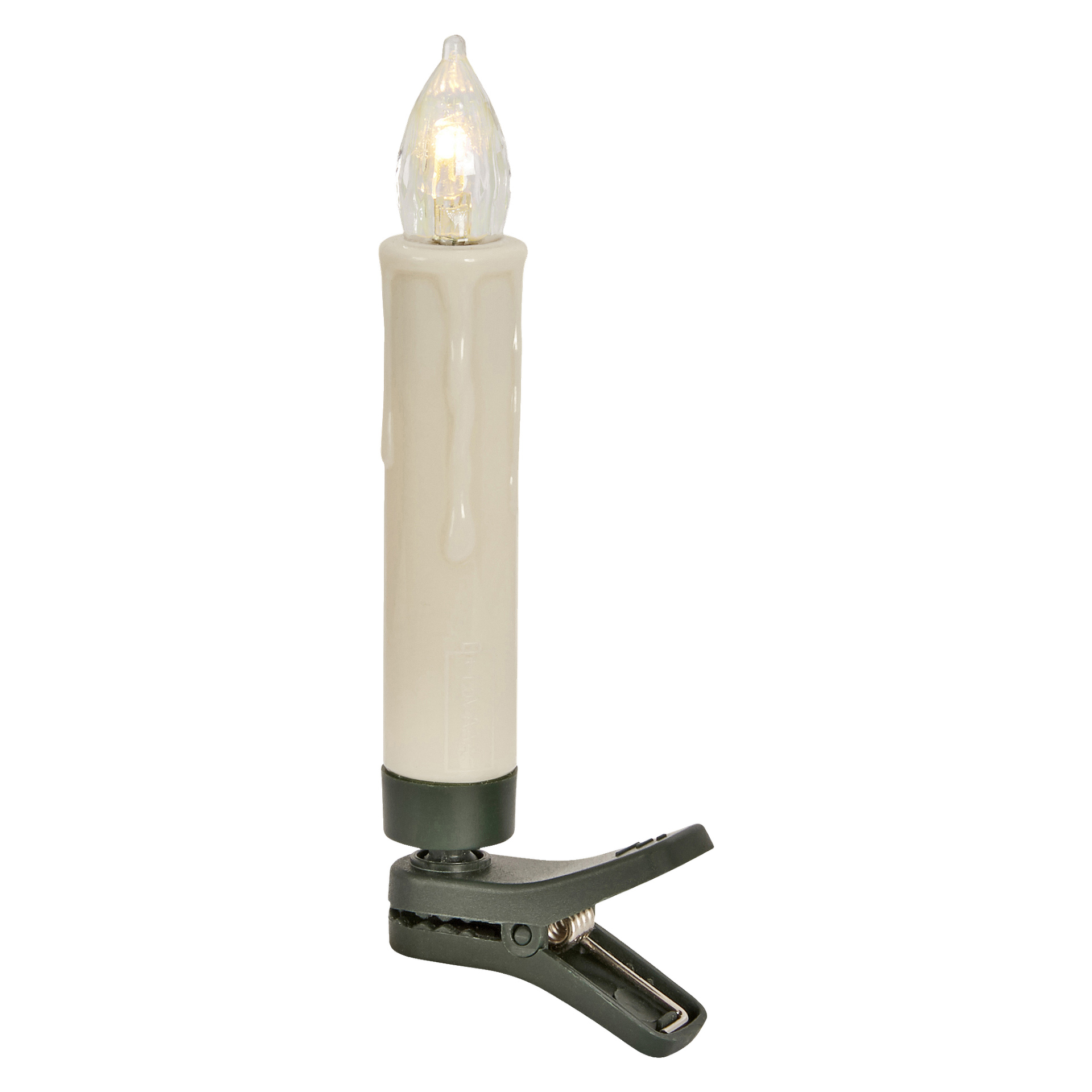 Ett paket med fem EKVIP batteridrivna LED-julgransljus, var och en designad med en beige, vaxliknande ljuskropp och en flamformad lampa, fästa på en svart plastklämma för enkel placering.