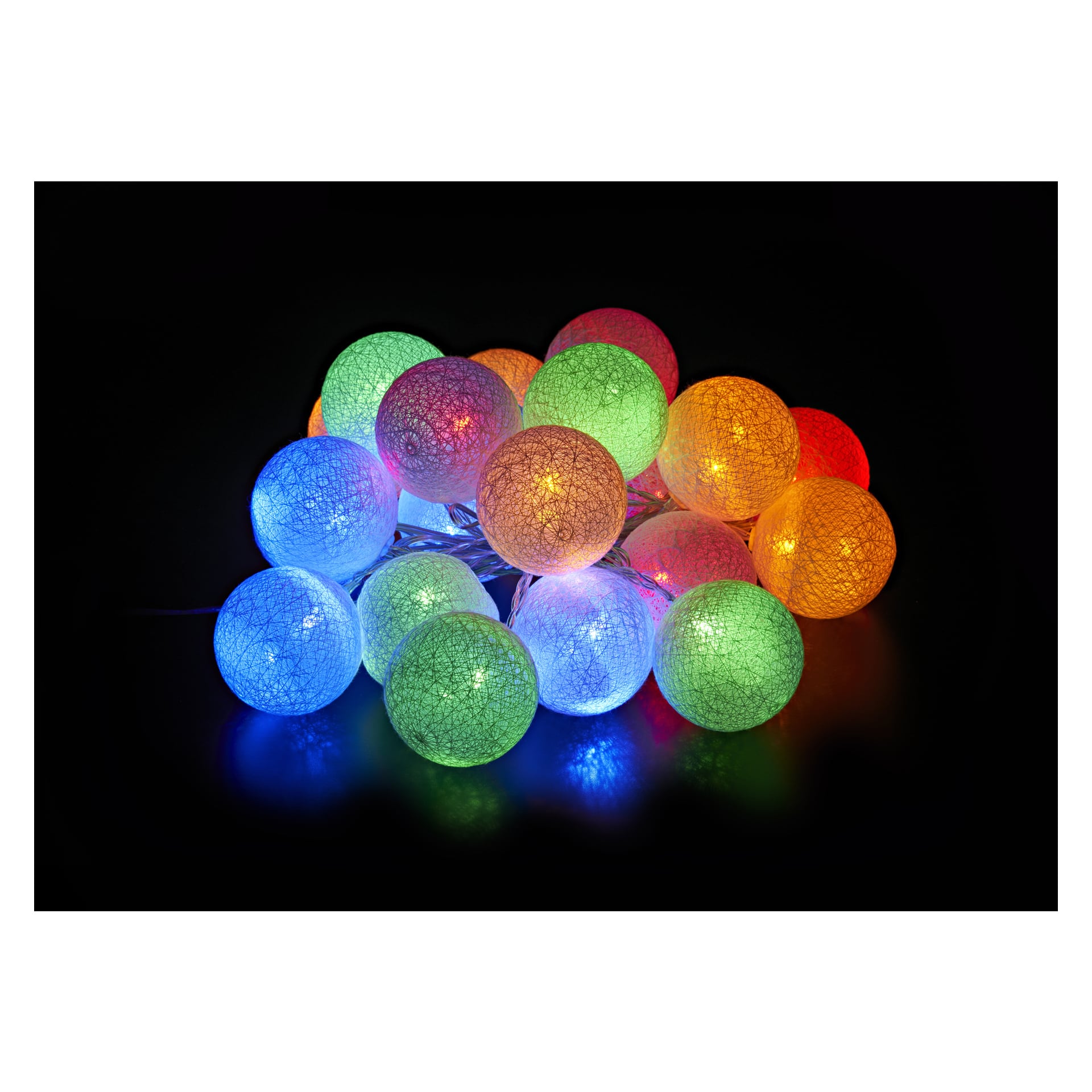 EKVIP LED-ljusslingor med texturerade, runda lampor avger blå, grönt, orange, rött och gult ljus mot en svart bakgrund.