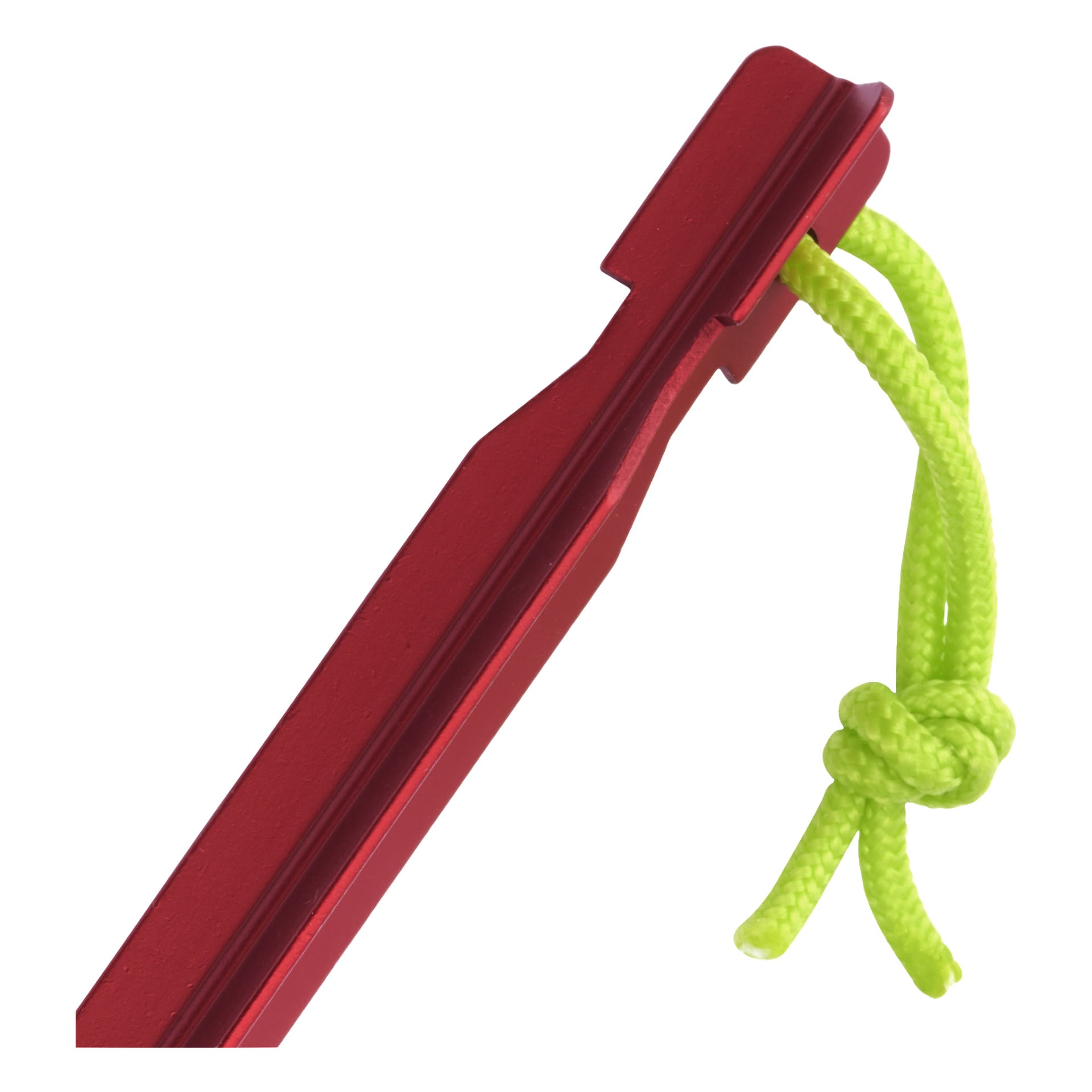 Ett Kayoba Outdoor Tent Pegs 4 Pack innehåller röda metallpinnar med spår och klargröna snören som är trådade och knutna genom hål upptill.