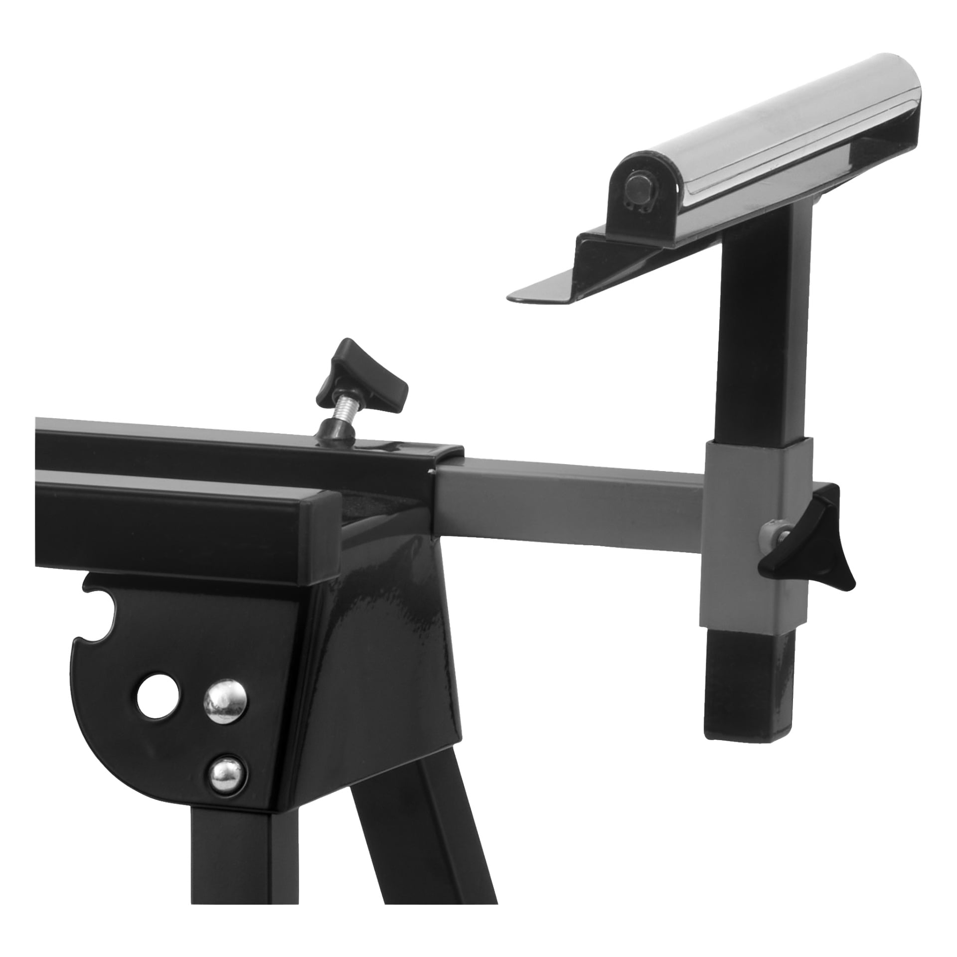 Närbild av ett Meec Tools-sågstativ designat för korssågar och geringssågar, med svart och silverfärgad metallkonstruktion, höjdjusteringsknopp och horisontell rull som hjälper till med materialstöd.