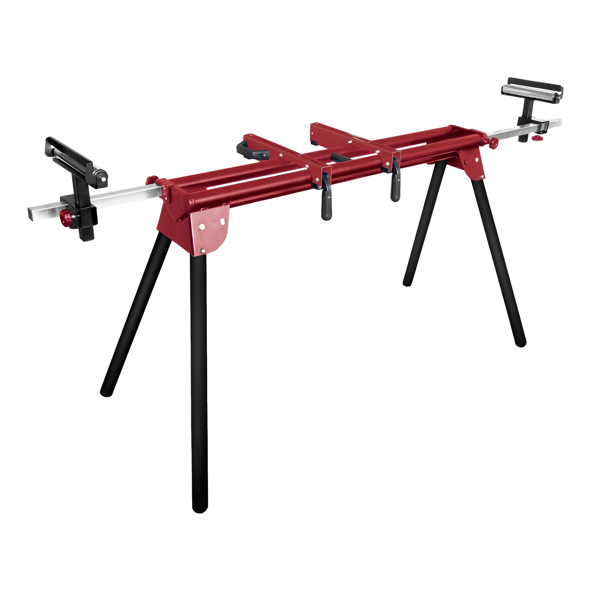 Der Meec Tools Sägetisch für die Gehrungssäge ist ein rot-schwarzer Ständer mit vier winkeligen Beinen, verstellbaren Armen und Klemmen, um Ihre Säge oder Ihr Werkstück zu sichern.