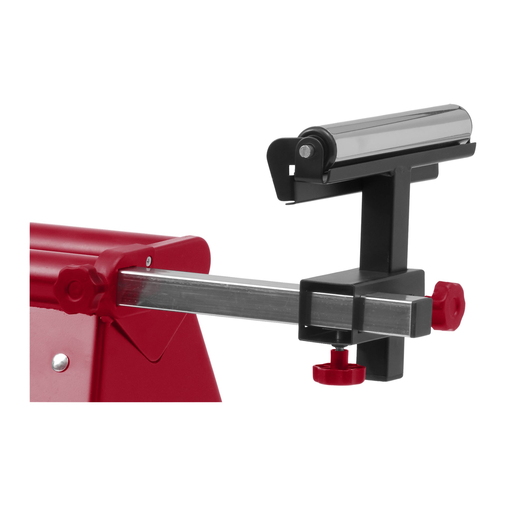 Eine detaillierte Ansicht des Sägetischs für die Gehrungssäge von Meec Tools, mit einer Metallrollenbefestigung auf einem rot-silbernen Rahmen mit schwarzen und roten Verstellknöpfen.
