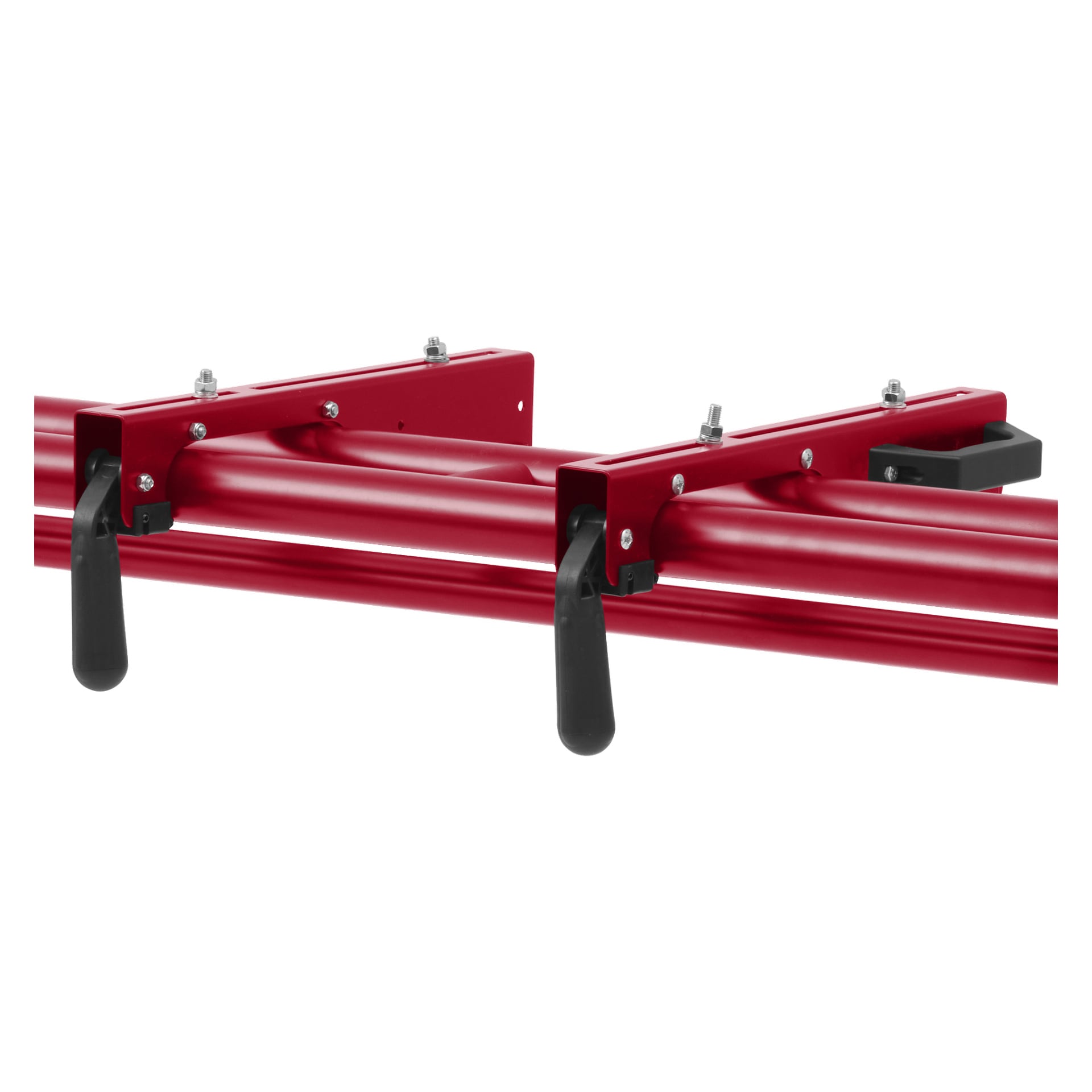 Nahaufnahme einer roten Metallstruktur mit zwei parallelen Stangen und schwarzen Kunststoffgriffen, Teil des Meec Tools Saw-Tisches für die Gehrungssäge, zusammengehalten durch Bolzen und Halterungen.