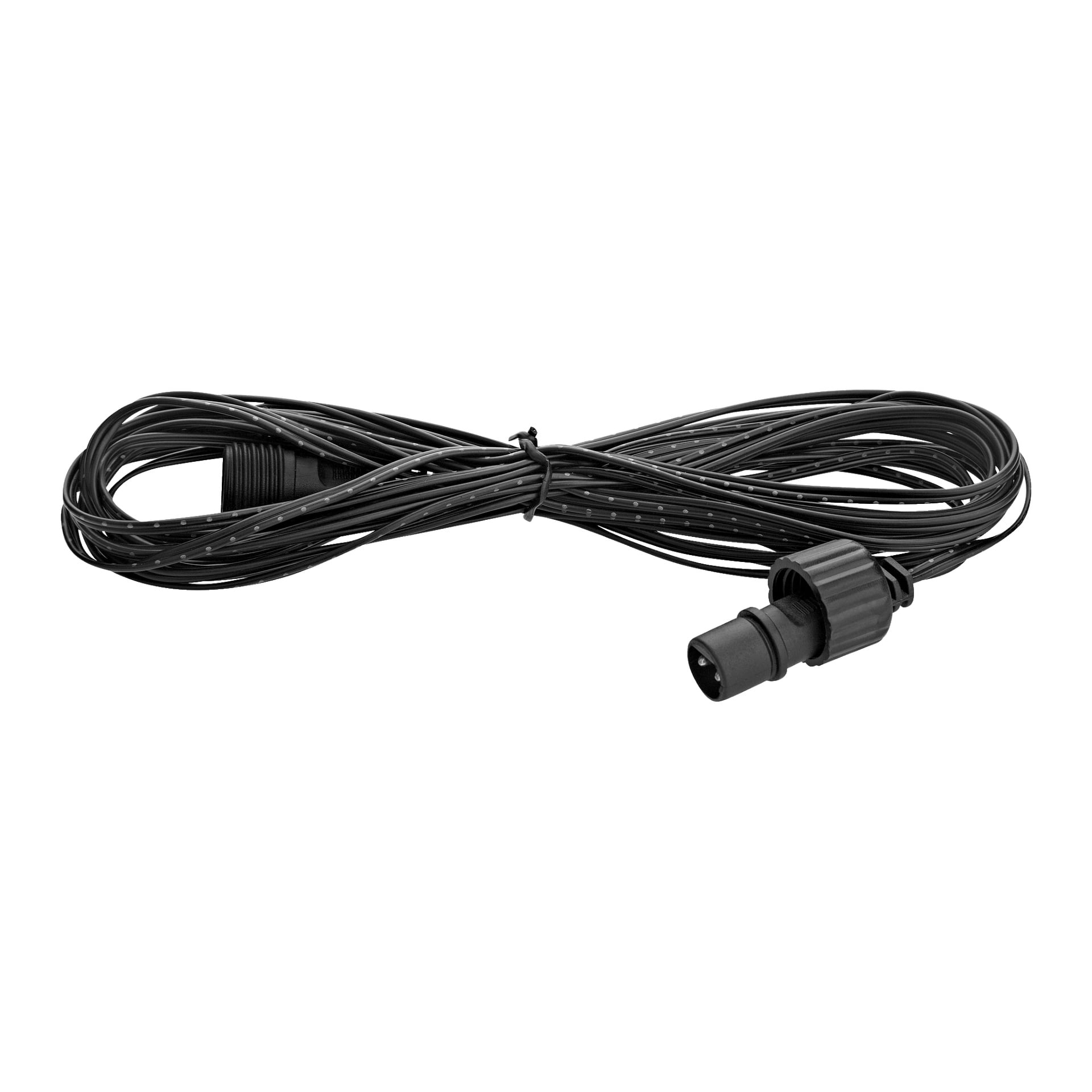 Ett EKVIP förlängningskabelanslutningssystem med en svart spiralad kabel, kontakt fäst i ena änden och en buntband fäst runt mitten.