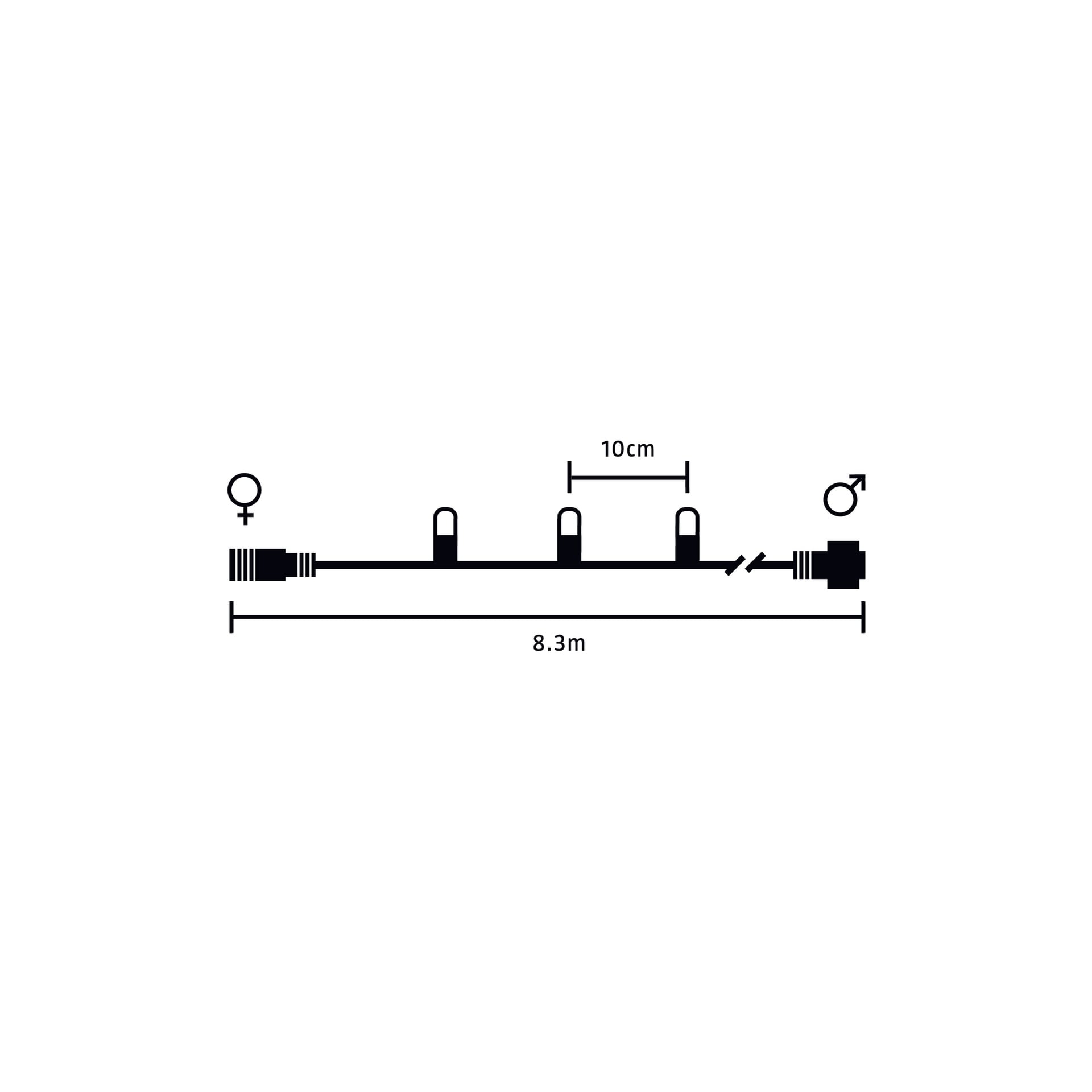 Ett diagram visar EKVIP LED-ljussnörbelysningens anslutningssystem, med en 8,3 meter lång kabel med en honkontakt i ena änden, en hankontakt i den andra och tre uttag med 10 cm mellanrum längs dess längd.