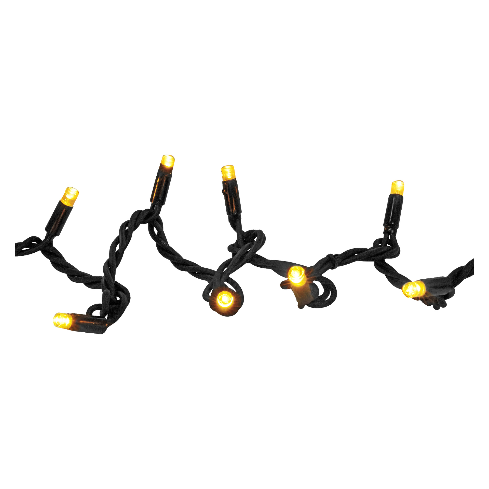 En närbild av EKVIP LED-ljusslings Connectable System med gul-orange lampor som lyser på svarta tvinnade ledningar.