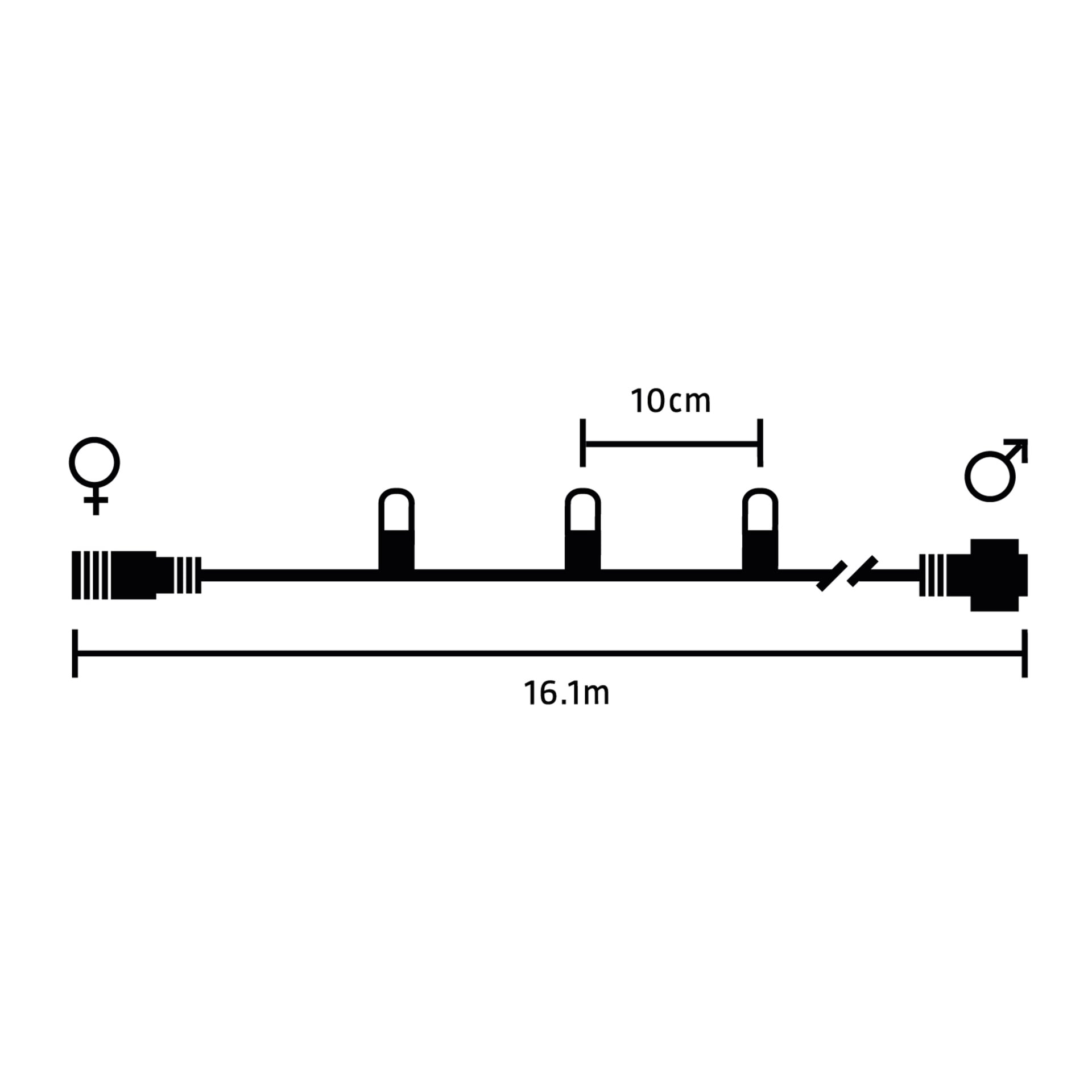 Ett svart diagram visar en EKVIP LED-kabellampa Connectable System-kabel, 16,1 meter lång, med tre klämmor placerade 10 cm från varandra. Kontaktsymboler för hon- och hanändar avbildas på vardera sidan, med kabeln mestadels kontinuerlig förutom ett litet glapp nära hankontakten.