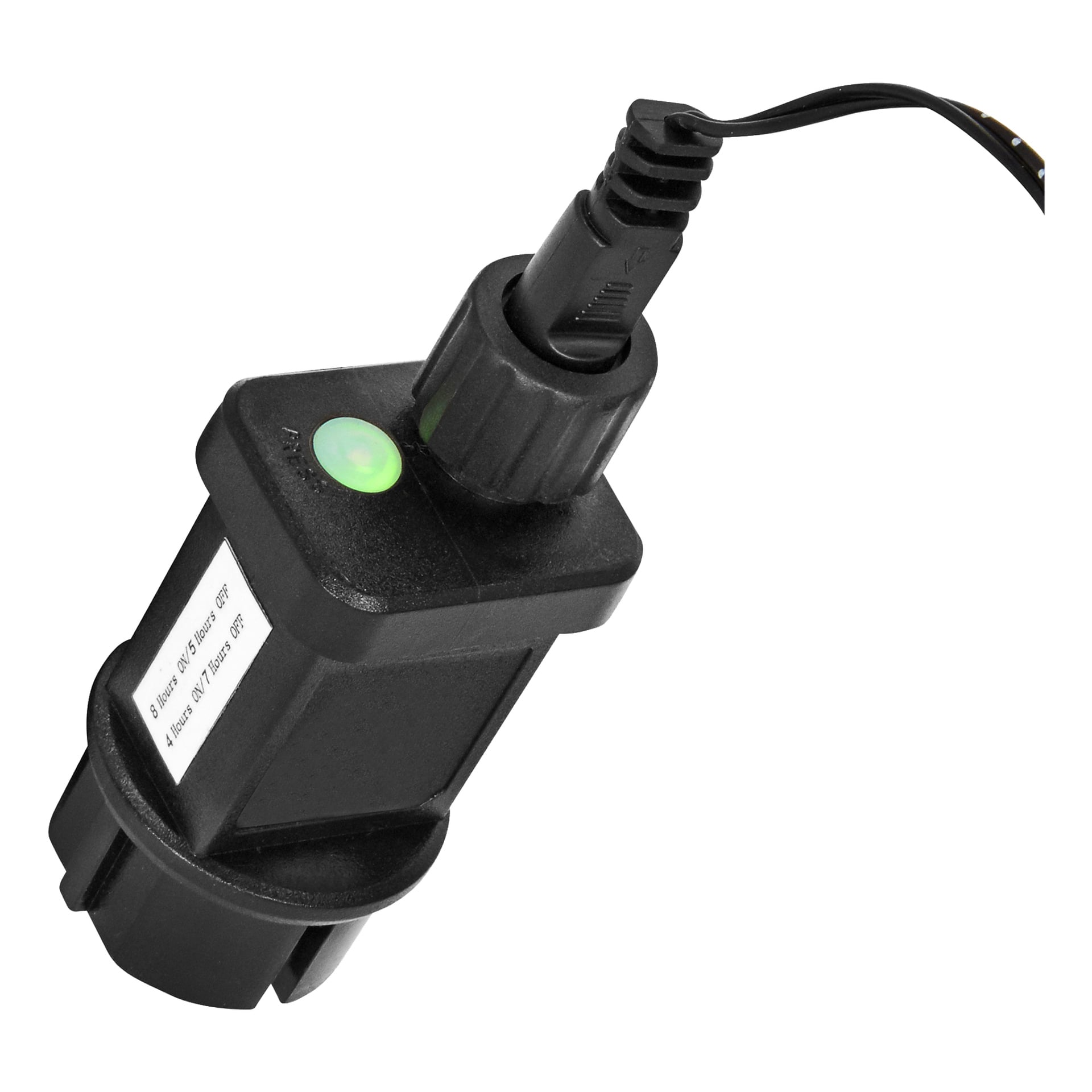 En svart EKVIP-sträng LED-adapter med en grön indikatorlampa på toppen och en avtagbar sladd. Sidoetiketten listar enhetens specifikationer.