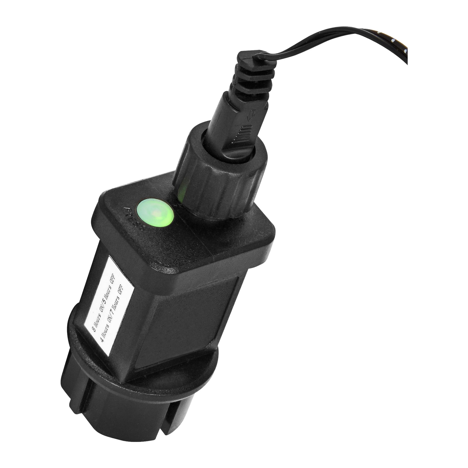 En kantig svart EKVIP String Light LED-enhet med räfflad yta, grön indikatorlampa och en kabel fäst upptill. En vit etikett innehåller text, vilket indikerar att den kan fungera som adapter eller sensor.