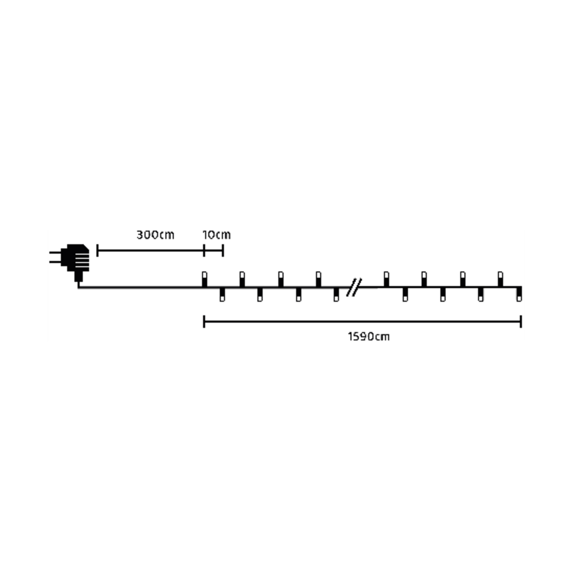 Ett diagram visar en EKVIP LED-lampskabel kopplad till en stång med tio stift placerade på lika avstånd. Layouten inkluderar en 300 cm lång sektion, följt av en 10 cm lång sektion, och sedan en sista sträcka med taggar som spänner över 1590 cm. Segmentlängder anges ovanför diagrammet.