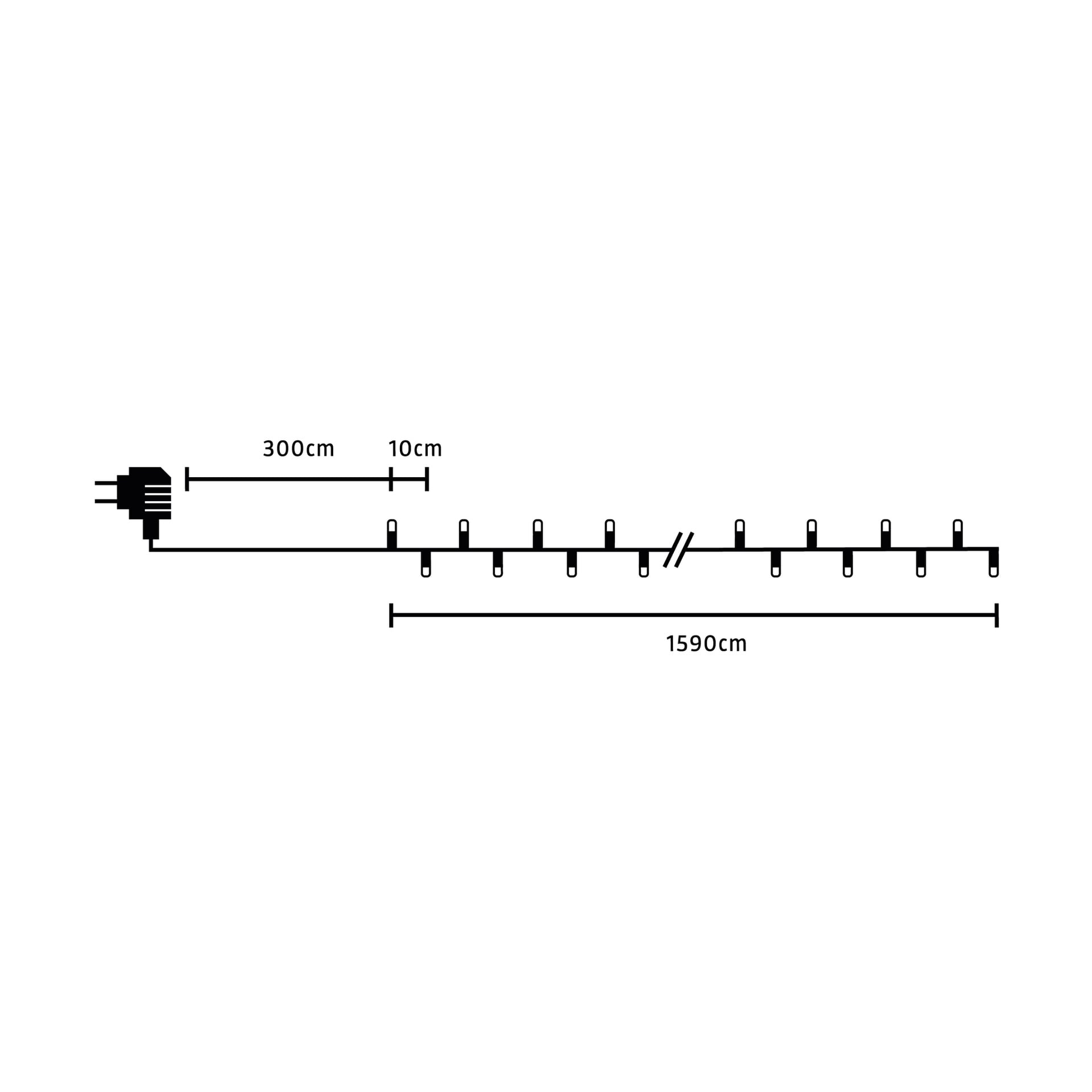 Diagrammet visar EKVIP LED-ljusslingor med en kontakt på vänster sida, en 300 cm lång sträckning till den första markören, mindre markeringar med var 10:e cm mellanrum och hela kabeln markerad med en längd på 1590 cm.