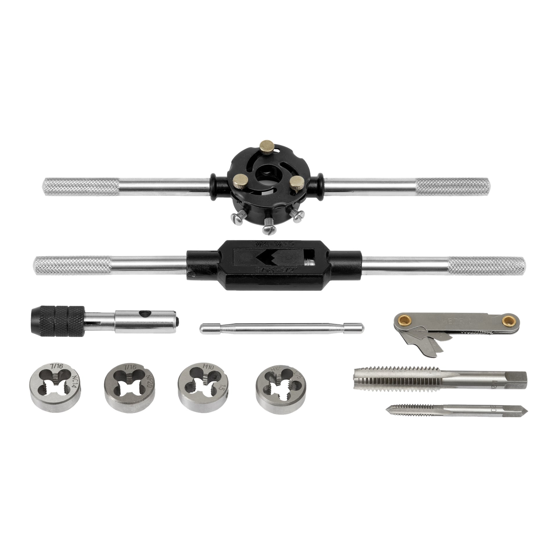 Meec Tools Thread Repair Kit (60 delar) innehåller tappnycklar, stansar, tappar och olika tillbehör, alla systematiskt arrangerade i rader för enkel identifiering av varje del.