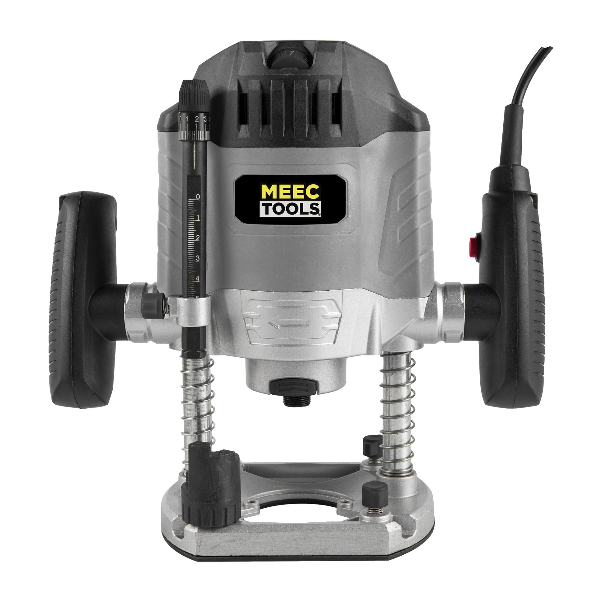 En Meec Tools Router med to svarte håndtak, dybdejusteringsmåler, strømkabel og en sølvfarget base.