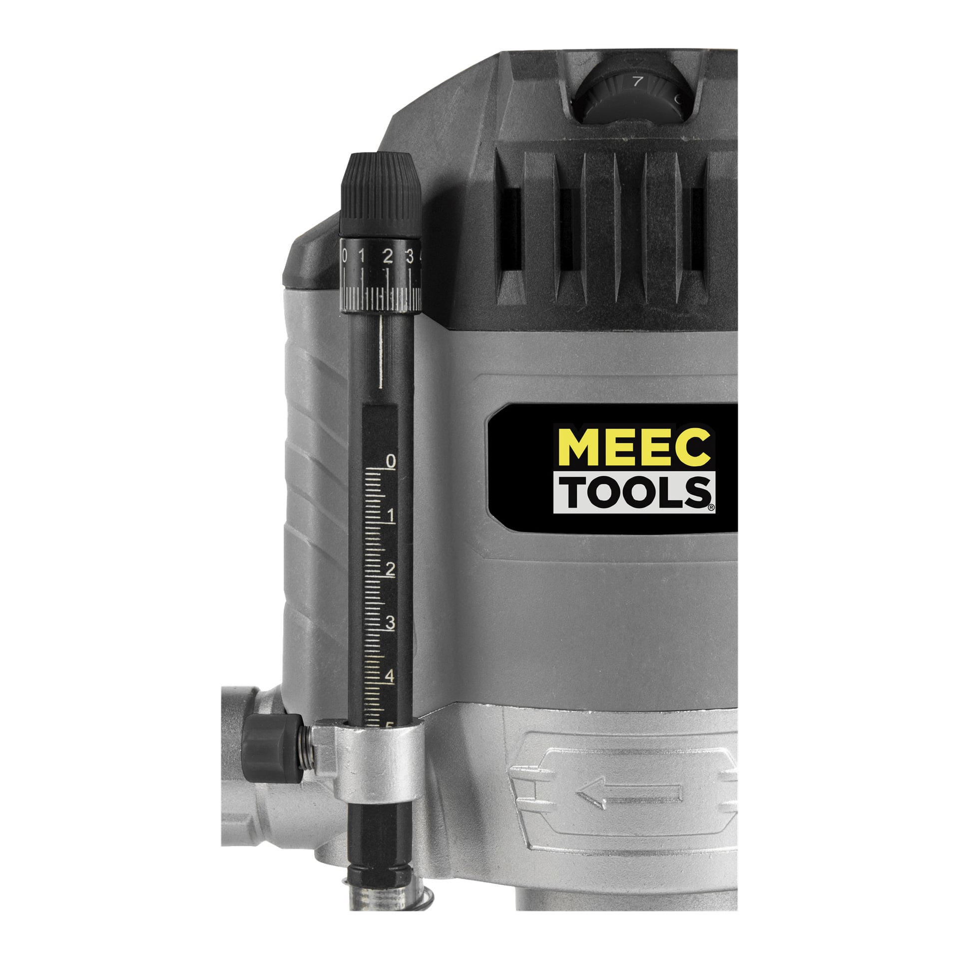 Et detaljert bilde av en Meec Tools-ruter fremhever en vertikal skala merket fra 0 til 3 langs venstre kant, med en ribbet svart justeringsknapp over. Metallkarosseriet har Meec Tools-logoen i svart og gult.