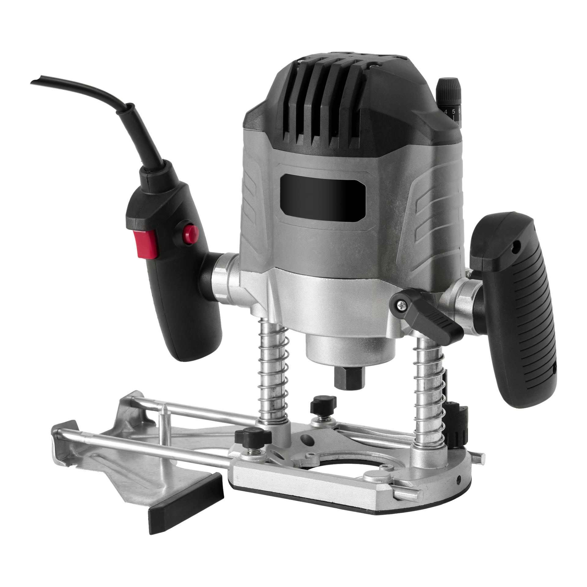 En håndholdt Meec Tools Router med svart og sølvfarget design, utstyrt med to sidehåndtak, en strømkabel som strekker seg fra toppen, og en metallbase med justerbare guider for trearbeid.