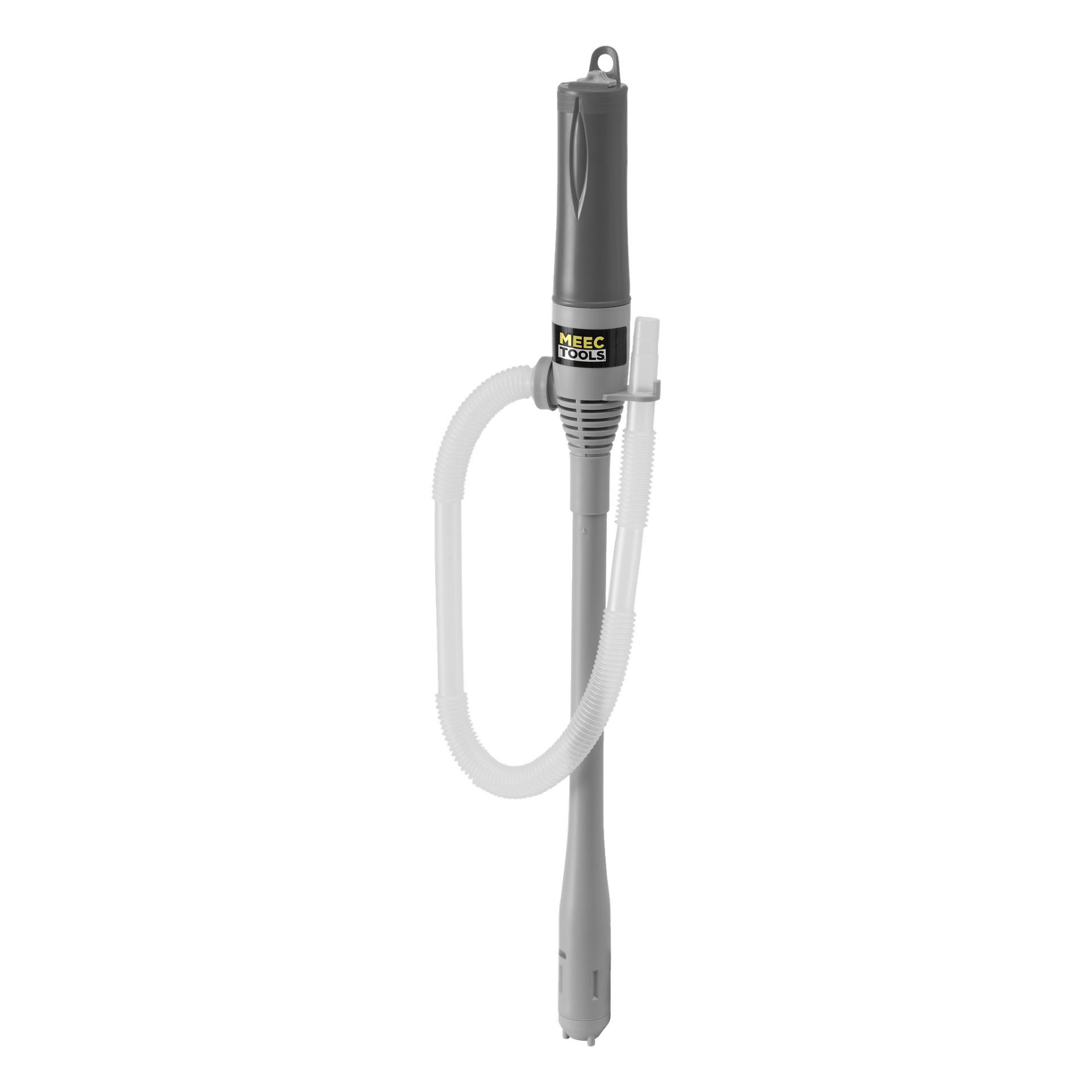 En batteridrevet grå drivstoffpumpe fra Meec Tools med en sylindrisk oppreist kropp, et håndtak på toppen, en fleksibel hvit slange festet, og merkets etikett synlig på hovedseksjonen.