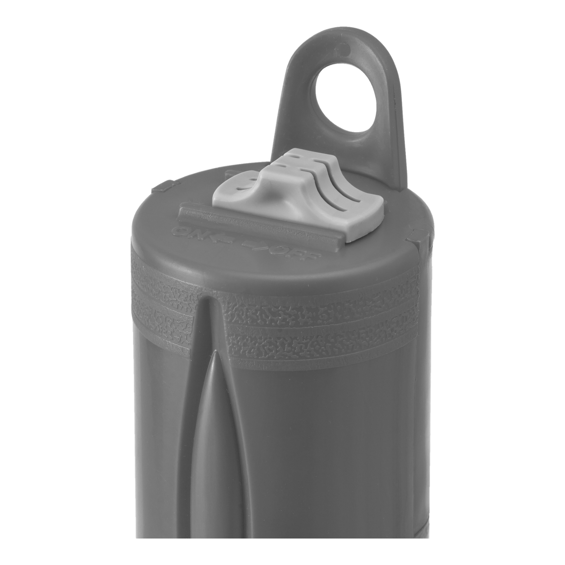 Et nærbilde av en batteridrevet drivstoffpumpe fra Meec Tools, som fremhever det grå plastlokket med en klappbar tut og et innebygd håndtak med et sirkulært hull.