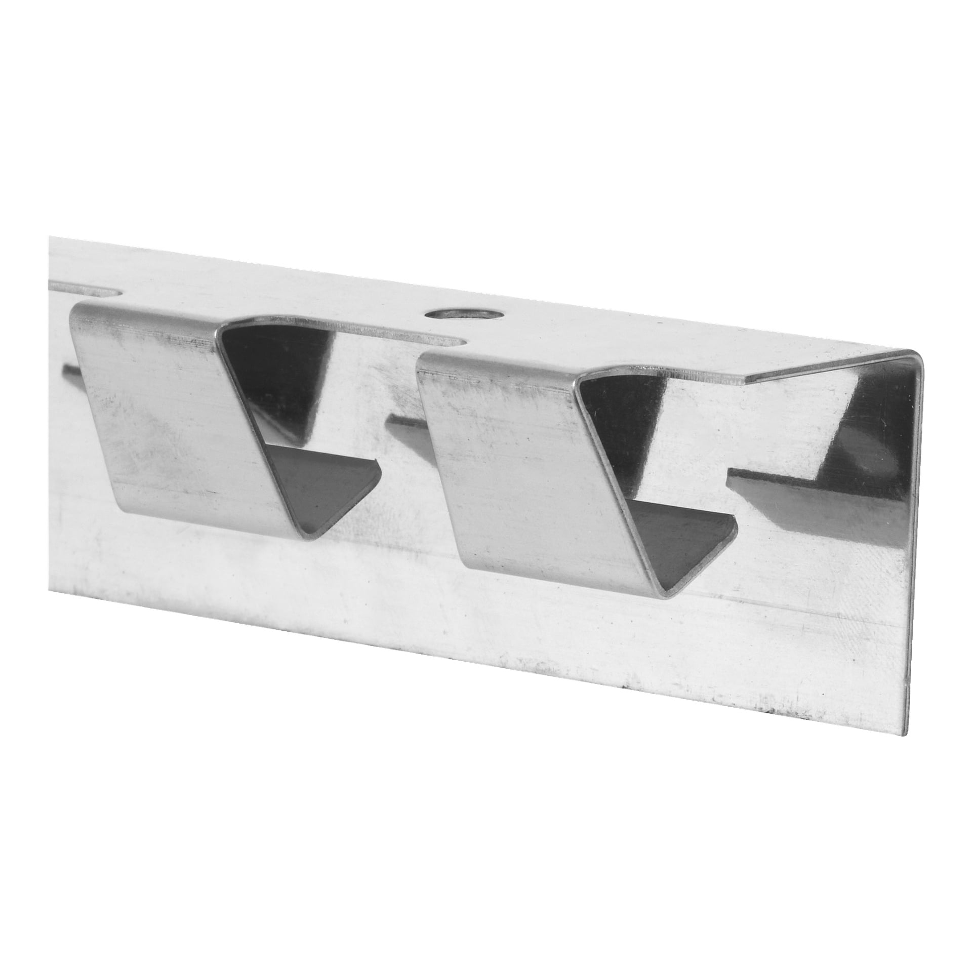 Närbild på Hard Head Rail för PVC-stripgardiner, som visar två vinklade krokar och ett monteringshål.