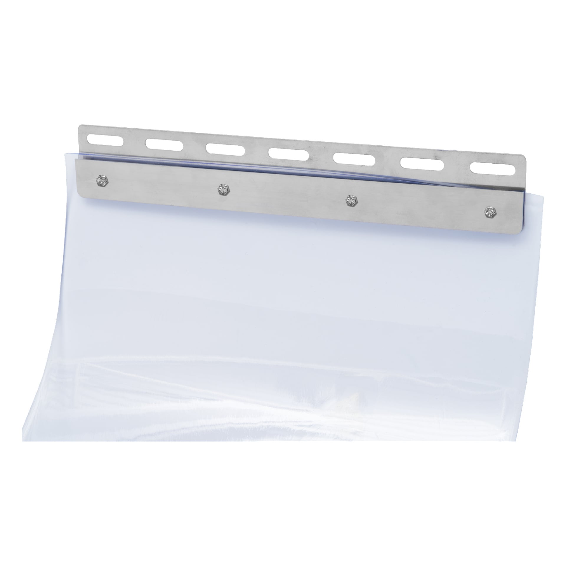 En transparent, flexibel PVC-remsa fästs vid ett Hard Head metallfäste med bultar. Metallfästet har flera spår längs sin övre kant.