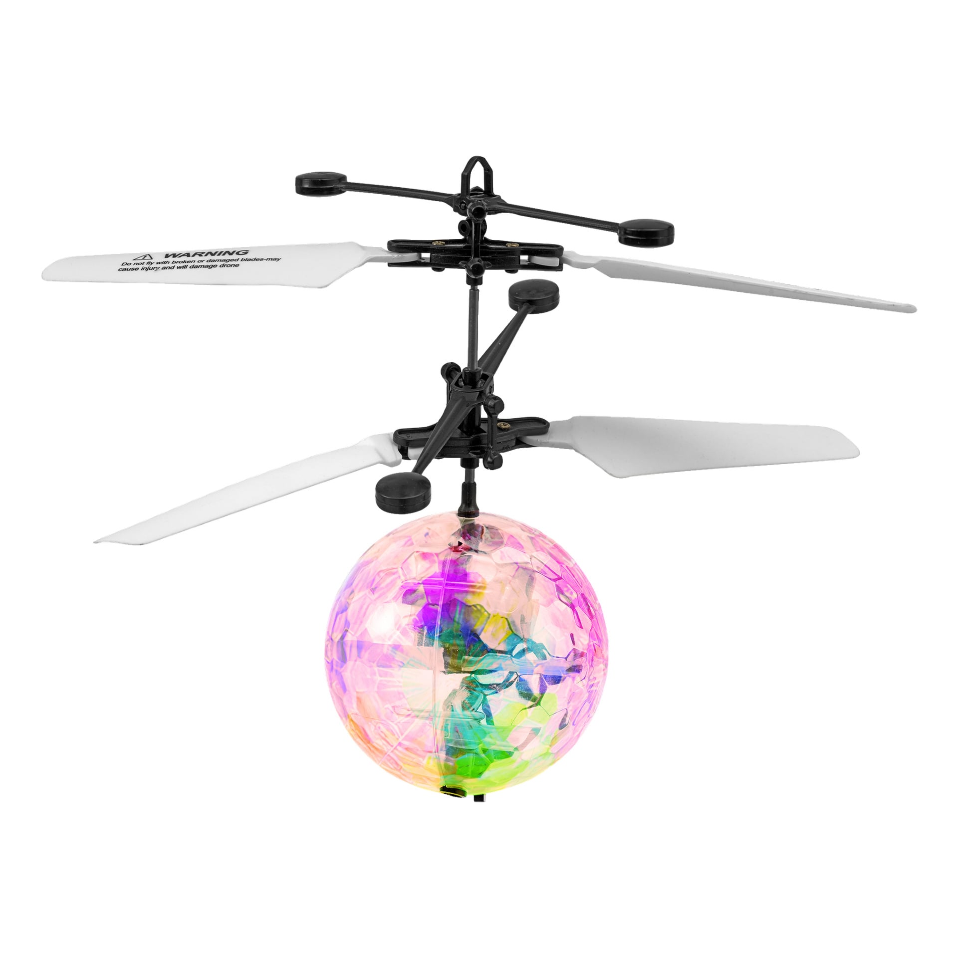 En Gear4Play Flying Ball med en genomskinlig, flerfärgad sfärisk kropp, lysande interna lampor och två par vita rotorblad.