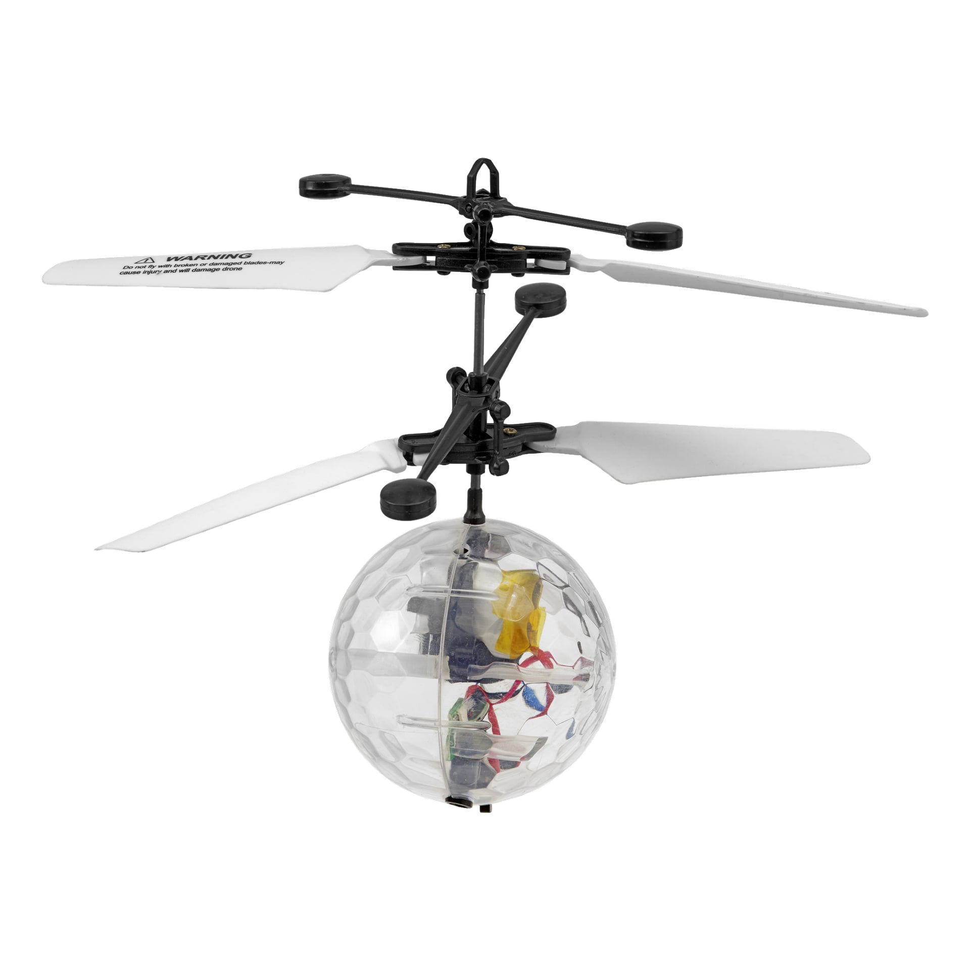 En liten Gear4Play Flying Ball-leksak med två par vita rotorer och en klar, mönstrad sfärisk kropp som liknar en golfboll, vilket ger en vy av de inre elektroniska komponenterna.