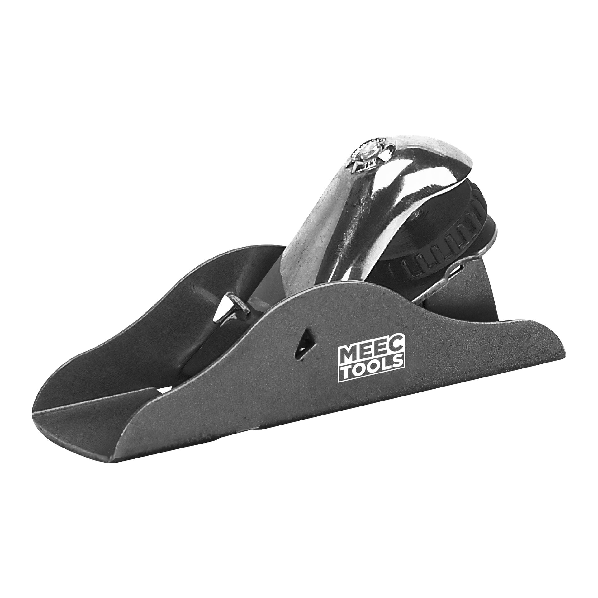 Närbild av Meec Tools Mini Planer, som visar dess metalliska kropp och ergonomiskt böjda topphandtag, tillverkad för träarbete.