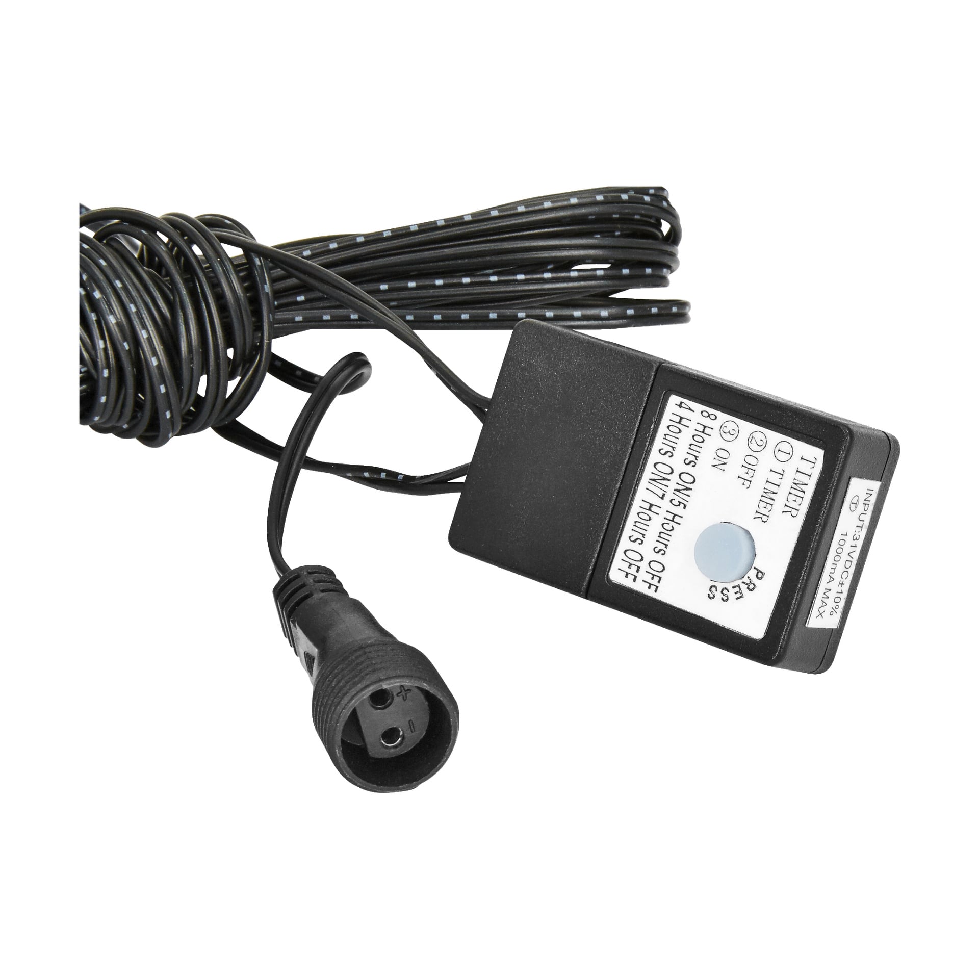 EKVIP Transformer Connectable System är en svart elektrisk timer med en lång sladd, kontrollbox och en strömbrytare för att välja 8- eller 4-timmars drift, avstängning och timerläge.