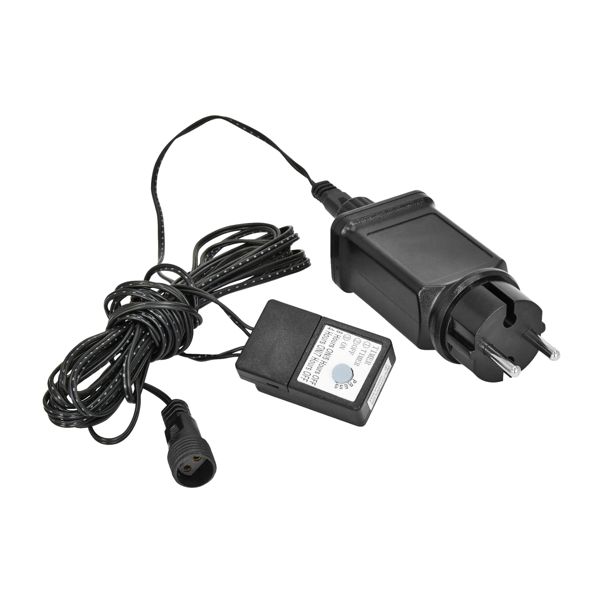 EKVIP Transformer Connectable System inkluderar en svart strömadapter med ett europeiskt kontakt, kopplat till en förlängd svart kabel. Systemet har också en kompakt rektangulär modul med en etikett, och kabeln slutar med en cirkulär kontakt.