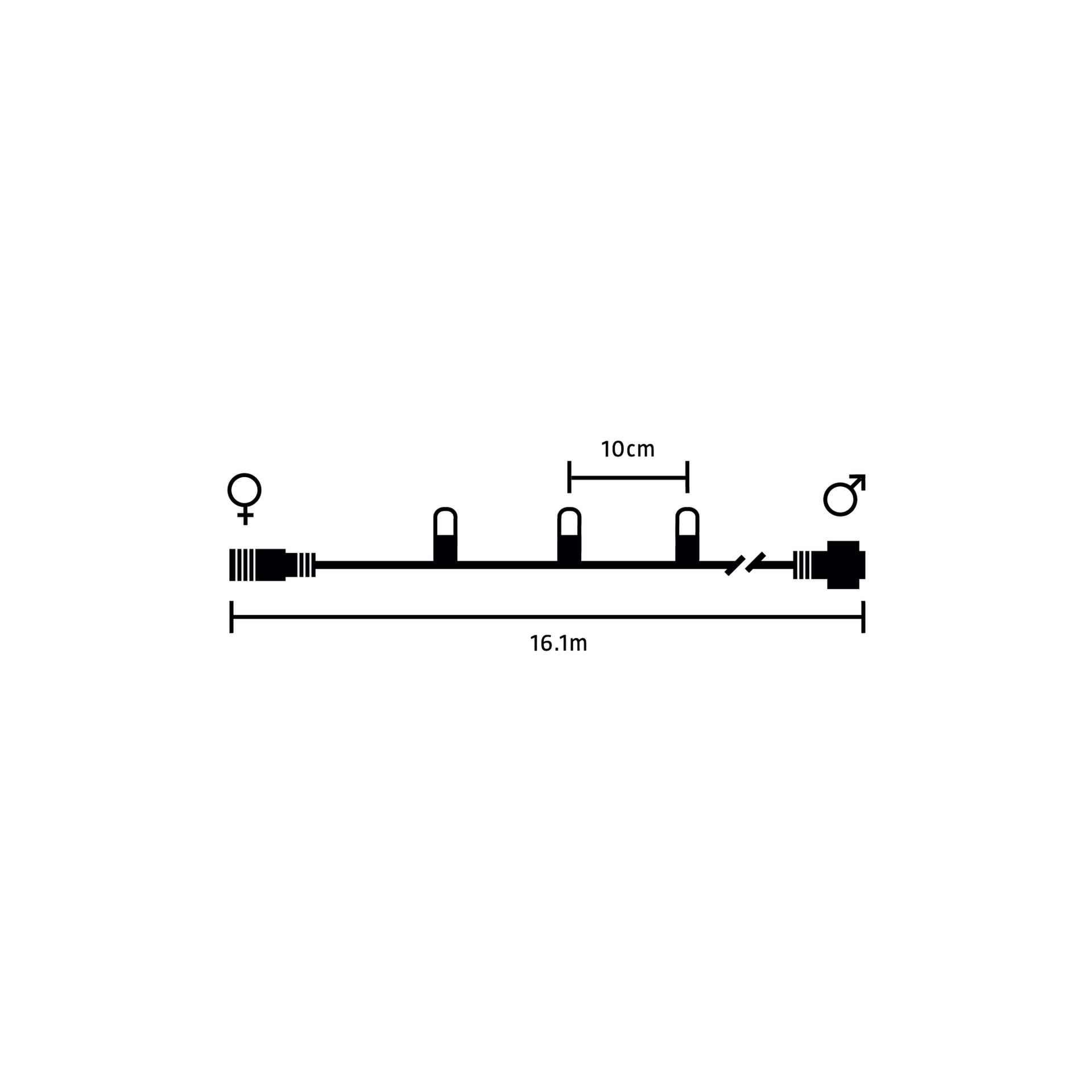 Illustration av EKVIP LED-ljusslingornas anslutningssystem med en 16,1 meter lång kabel, som visar tre kontakter jämnt fördelade med 10 cm mellanrum, avslutande med en hankontakt på ena sidan och en honkontakt på motsatta ände.
