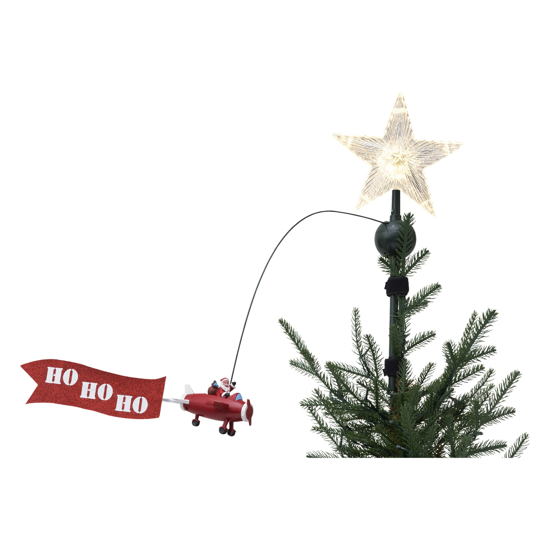 Ozdoba na choince EKVIP Top Star z latającym Mikołajem prezentuje świecącą gwiazdę na samym szczycie, a miniaturowego Mikołaja jadącego czerwonym samolocie na zakrzywionym prętze tuż poniżej. Święty Mikołaj ciągnie za sobą błyszczący baner "HO HO HO", a górna część choinki pojawia się na dole obrazka.