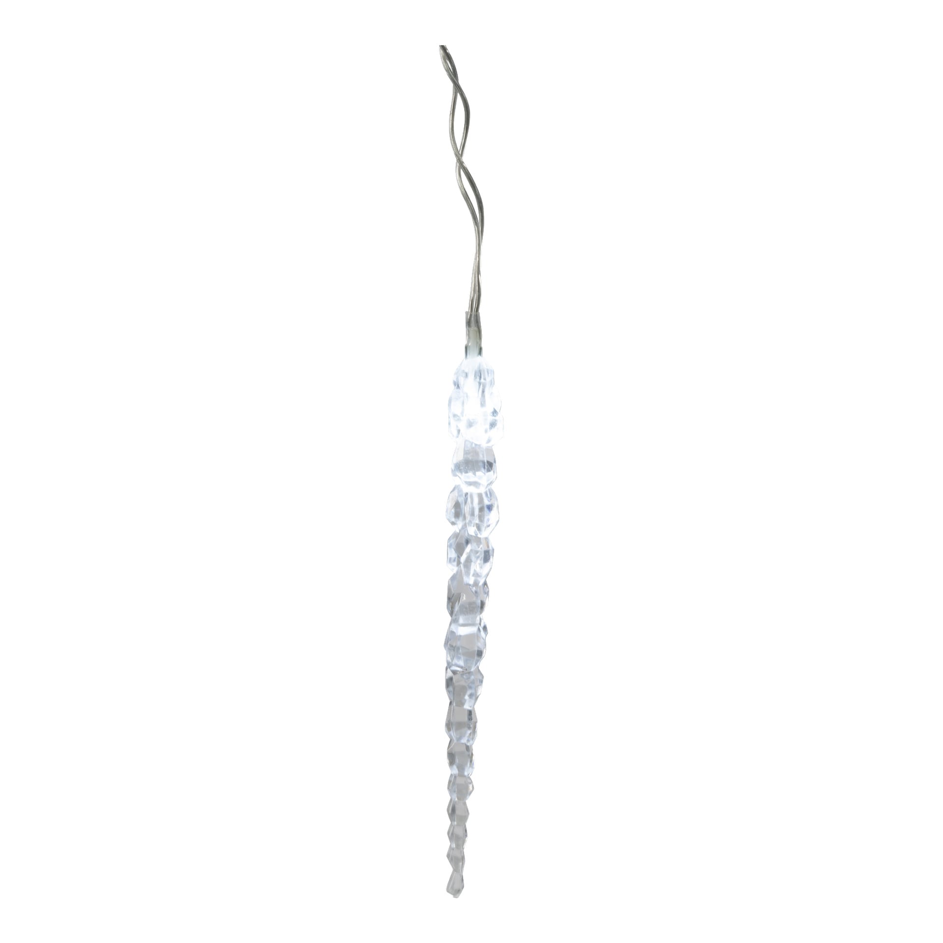 En klar, langstrakt istappformet skulptur fra EKVIP LED Icicle String Connectable System henger i en sølvfarget tvunnet snor, som ligner et dekorativt lys eller ornament.