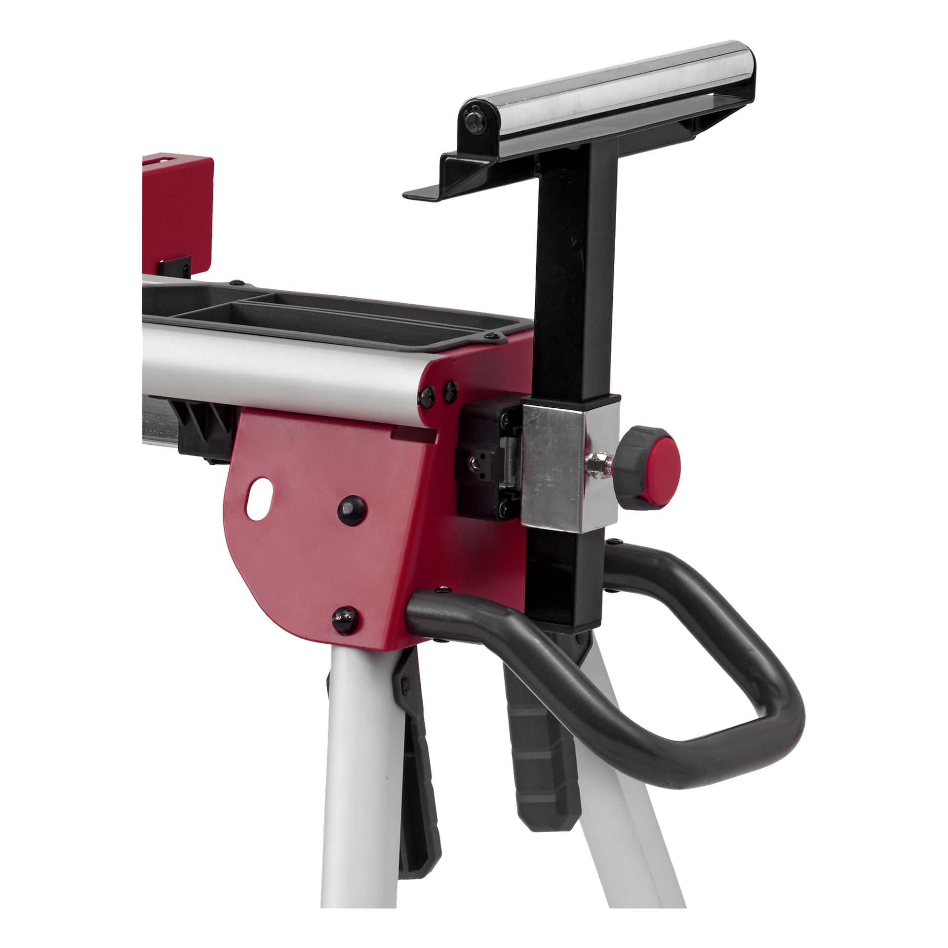 Meec Tools Saw står for tverrsnitt/gjærsag i rødt og svart metall, vist på nært hold med håndtak, støttearm, justeringsknapp og hvite ben delvis synlige.
