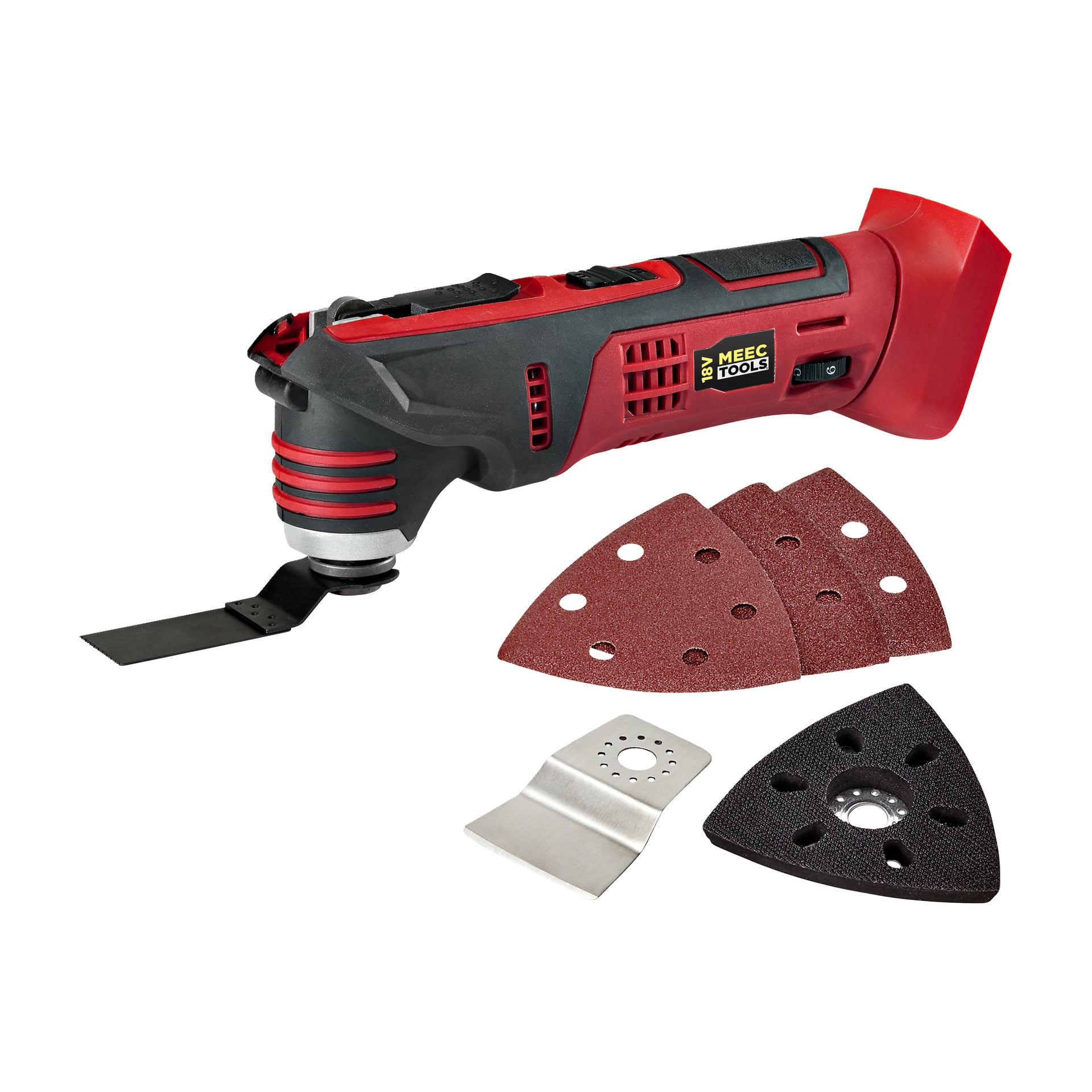 Meec Tools Multiseries -monitoimityökalu MT-18V HOME 500" liitetyllä terällä, kolmella kolmionmuotoisella hiomalevyllä, raaputinterällä ja kolmionmuotoisella hiomaalustalla.
