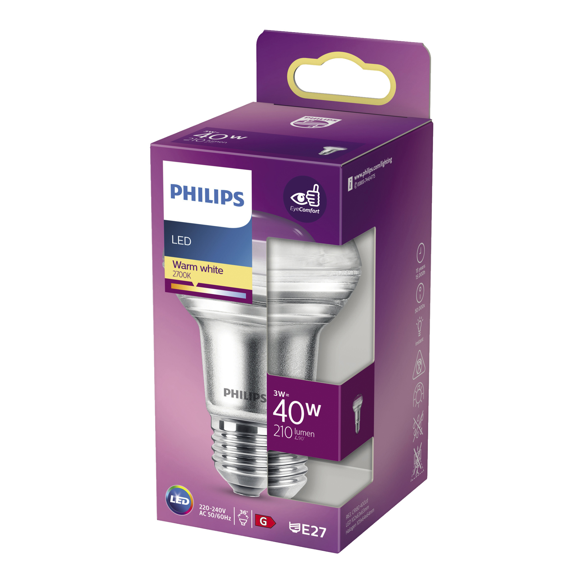 En Philips Reflector LED-lampa i varmt vitt, med 3W effekt (motsvarande 40W) och en ljusstyrka på 210 lumen, är förpackad i en lila låda. Lådan har ett transparent fönster som visar lampan inuti och visar produktdetaljer.